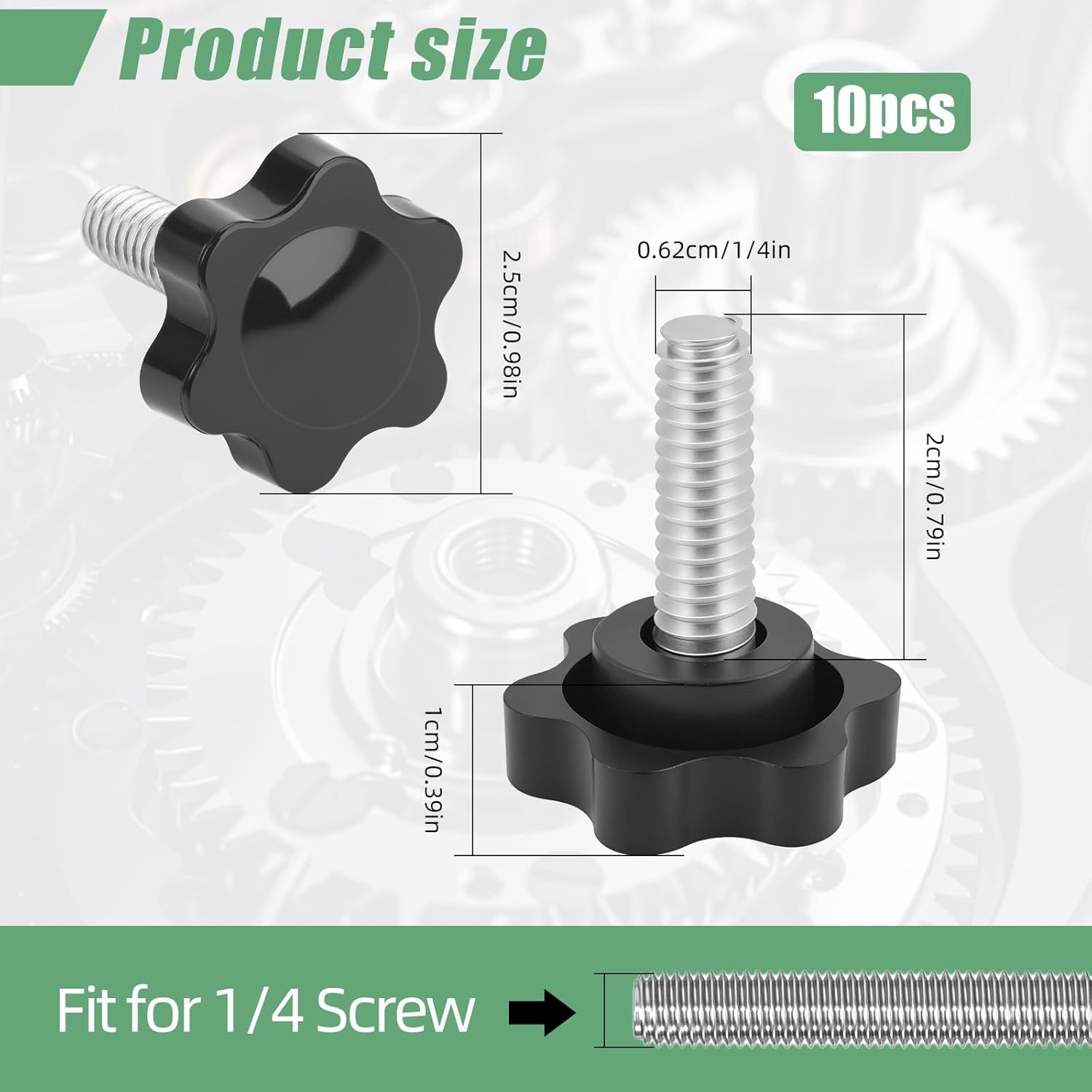 10PCS 1/4-20 Black Star Knobs, Threaded Knurled Thumb Nuts for Mechanical Instrument, Grip Knob Screw/Star Hand Knob for Umbrella Base Replacement, Female Threaded Hexagon Head Thru Knob - Image 2
