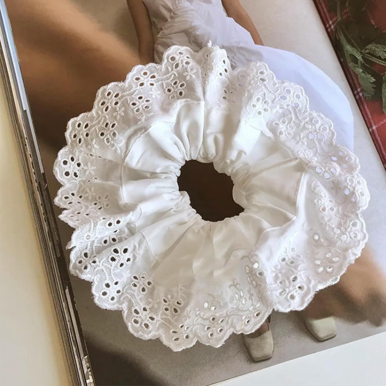 White Scrunchie, Extra Large Lace Scrunchies for Women, 7 Inch Oversized Scrunchie, Satin Big Scrunchies White Hair Ties for Women Girls Thick Thin Hair - Image 3