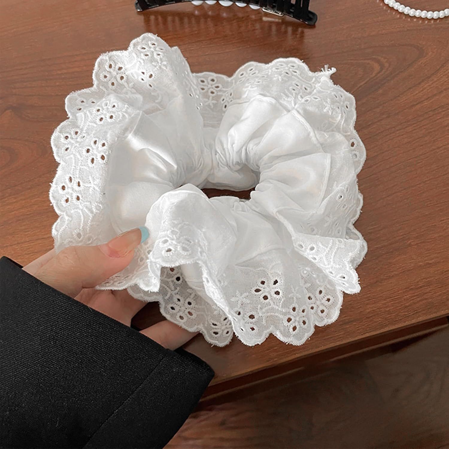 White Scrunchie, Extra Large Lace Scrunchies for Women, 7 Inch Oversized Scrunchie, Satin Big Scrunchies White Hair Ties for Women Girls Thick Thin Hair - Image 4