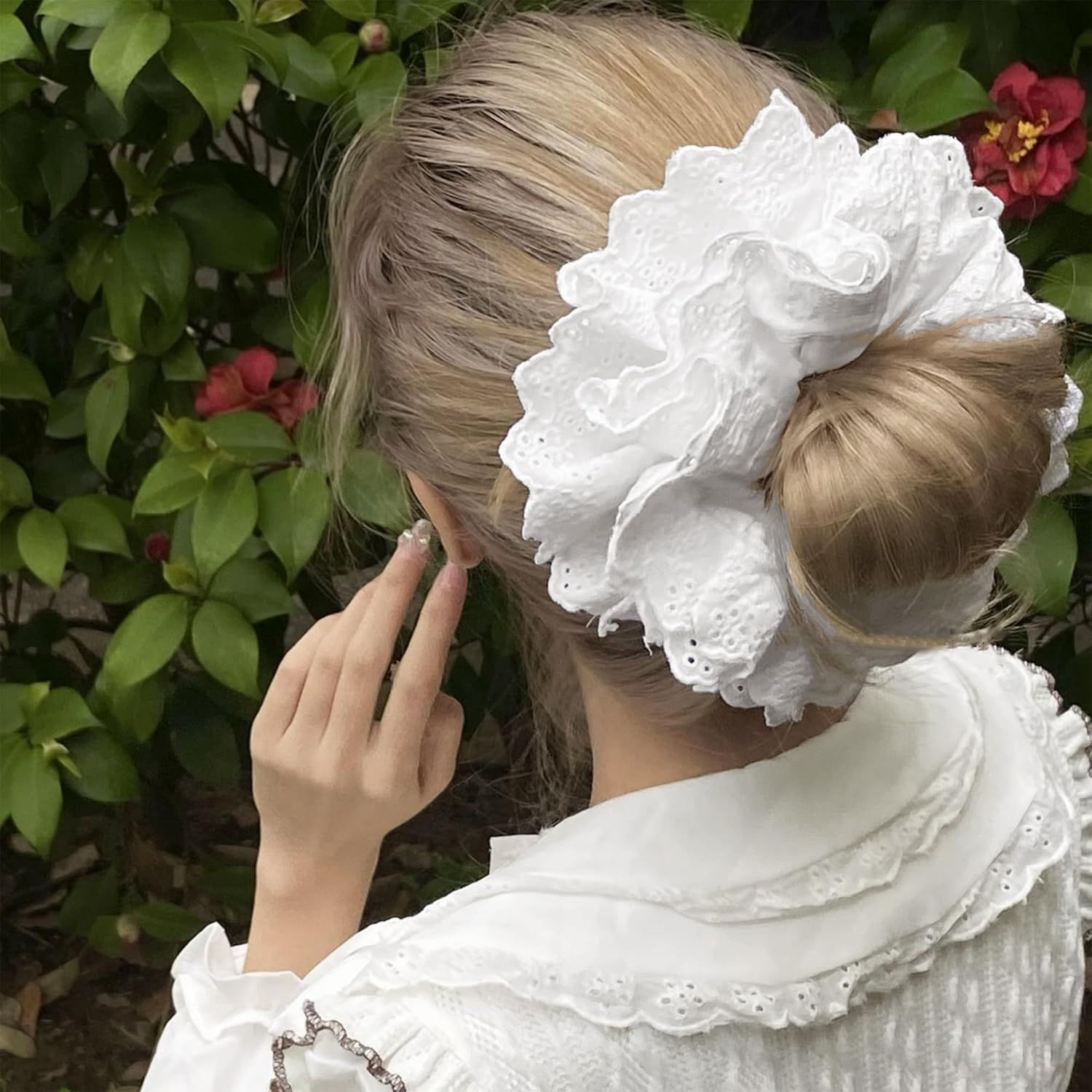 White Scrunchie, Extra Large Lace Scrunchies for Women, 7 Inch Oversized Scrunchie, Satin Big Scrunchies White Hair Ties for Women Girls Thick Thin Hair - Image 5