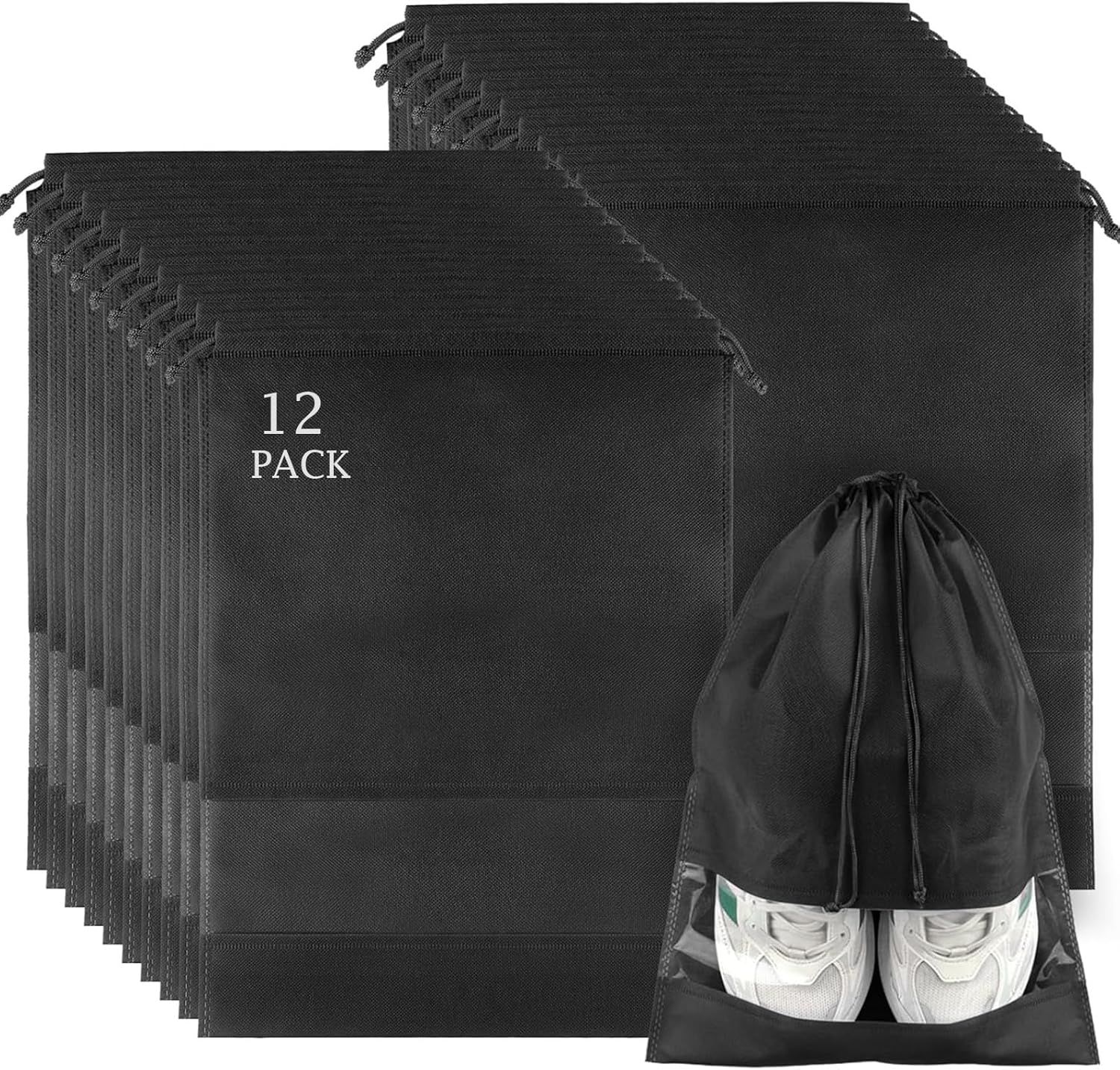 12 Pack Large Shoe Bags for Packing with Clear Window, Dustproof Drawstring Travel Shoe Storage Bags for Men & Women, Black - Image 1