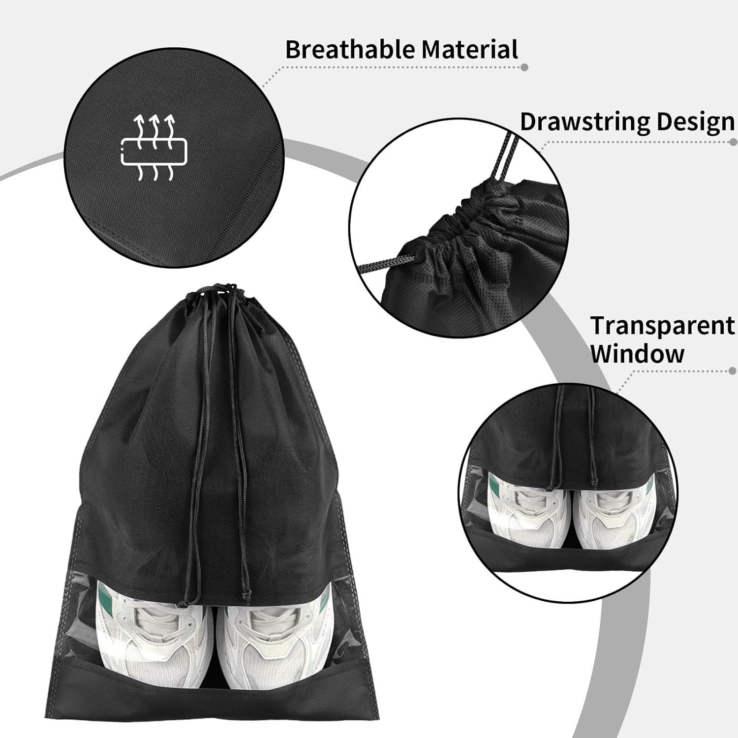 12 Pack Large Shoe Bags for Packing with Clear Window, Dustproof Drawstring Travel Shoe Storage Bags for Men & Women, Black - Image 3