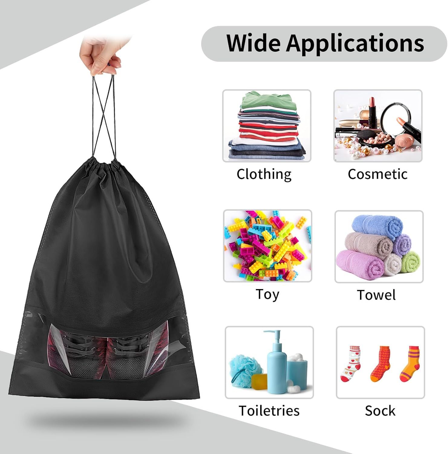 12 Pack Large Shoe Bags for Packing with Clear Window, Dustproof Drawstring Travel Shoe Storage Bags for Men & Women, Black - Image 6