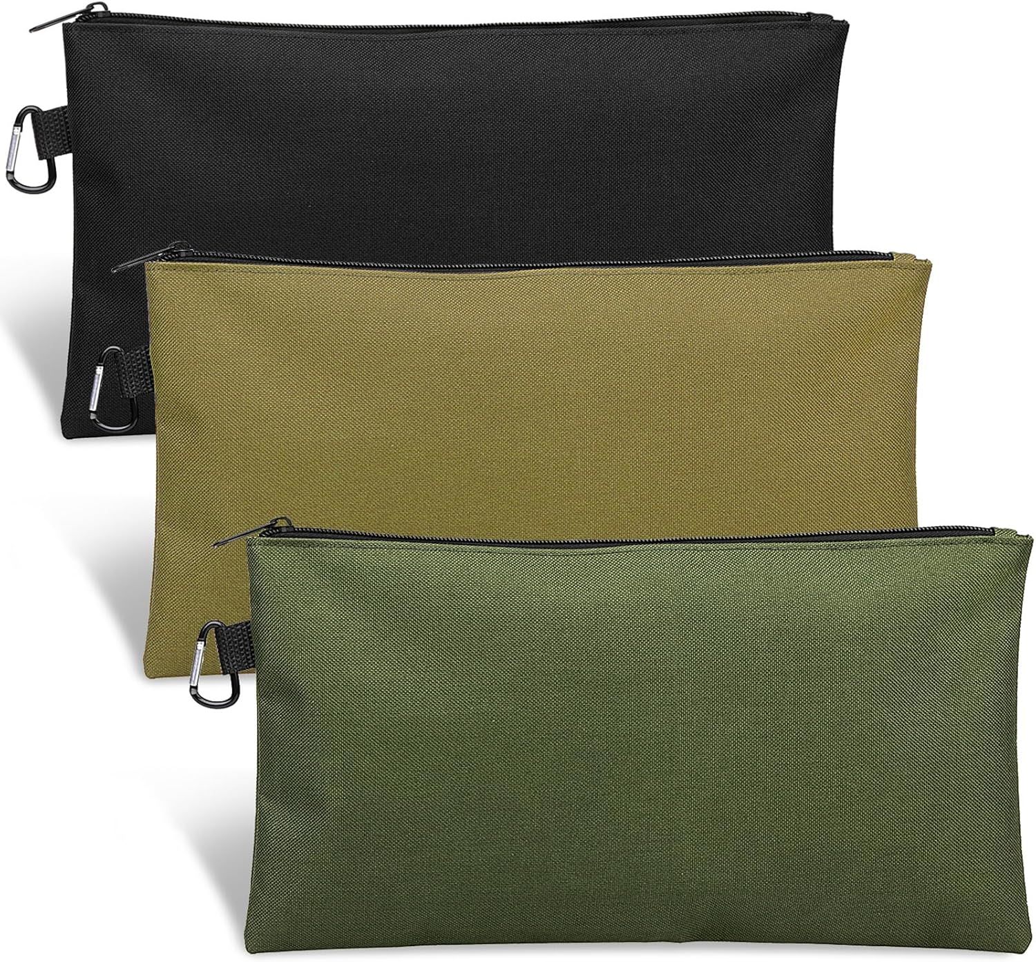 3 Pack Tool Bag Zipper Pouch, Premium Tool Pouch, Utility Multipurpose Storage Organizer Tool Pouches with Carabiner Metal Zipper for Tools, Stationary, Pencil Pouch (3 Pack, Tan, Navy Green, Black) - Image 1