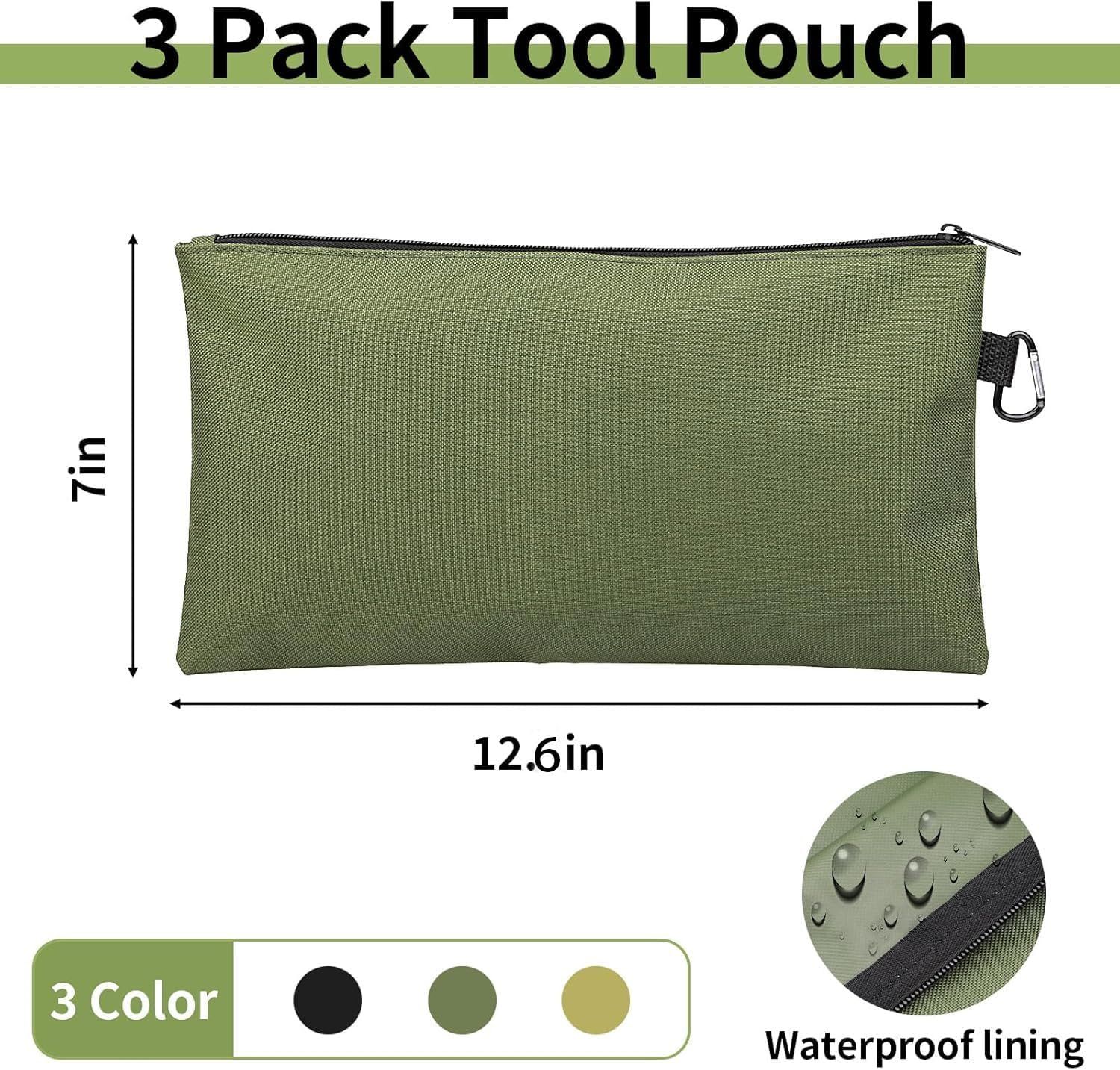 3 Pack Tool Bag Zipper Pouch, Premium Tool Pouch, Utility Multipurpose Storage Organizer Tool Pouches with Carabiner Metal Zipper for Tools, Stationary, Pencil Pouch (3 Pack, Tan, Navy Green, Black) - Image 3