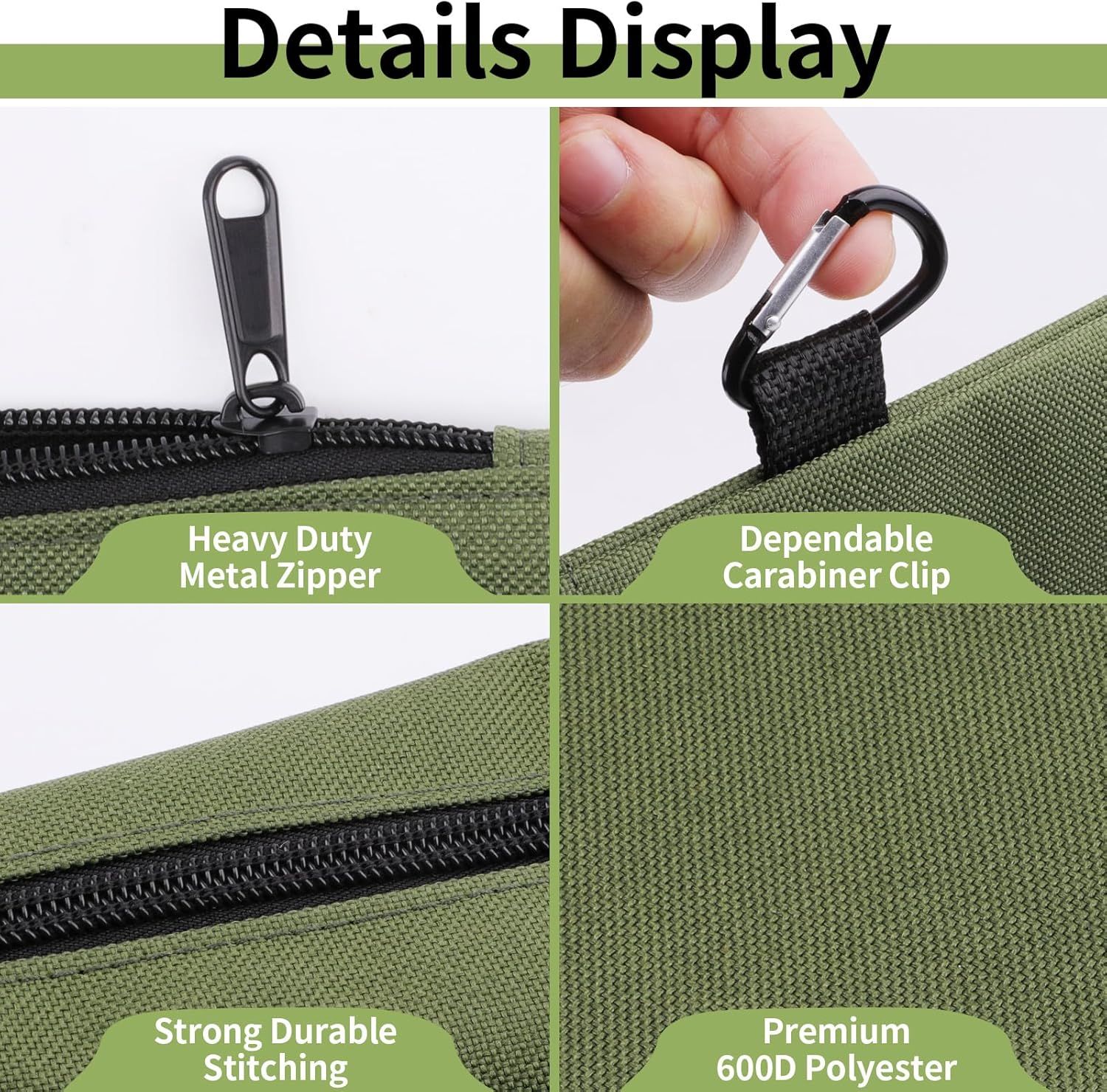 3 Pack Tool Bag Zipper Pouch, Premium Tool Pouch, Utility Multipurpose Storage Organizer Tool Pouches with Carabiner Metal Zipper for Tools, Stationary, Pencil Pouch (3 Pack, Tan, Navy Green, Black) - Image 4