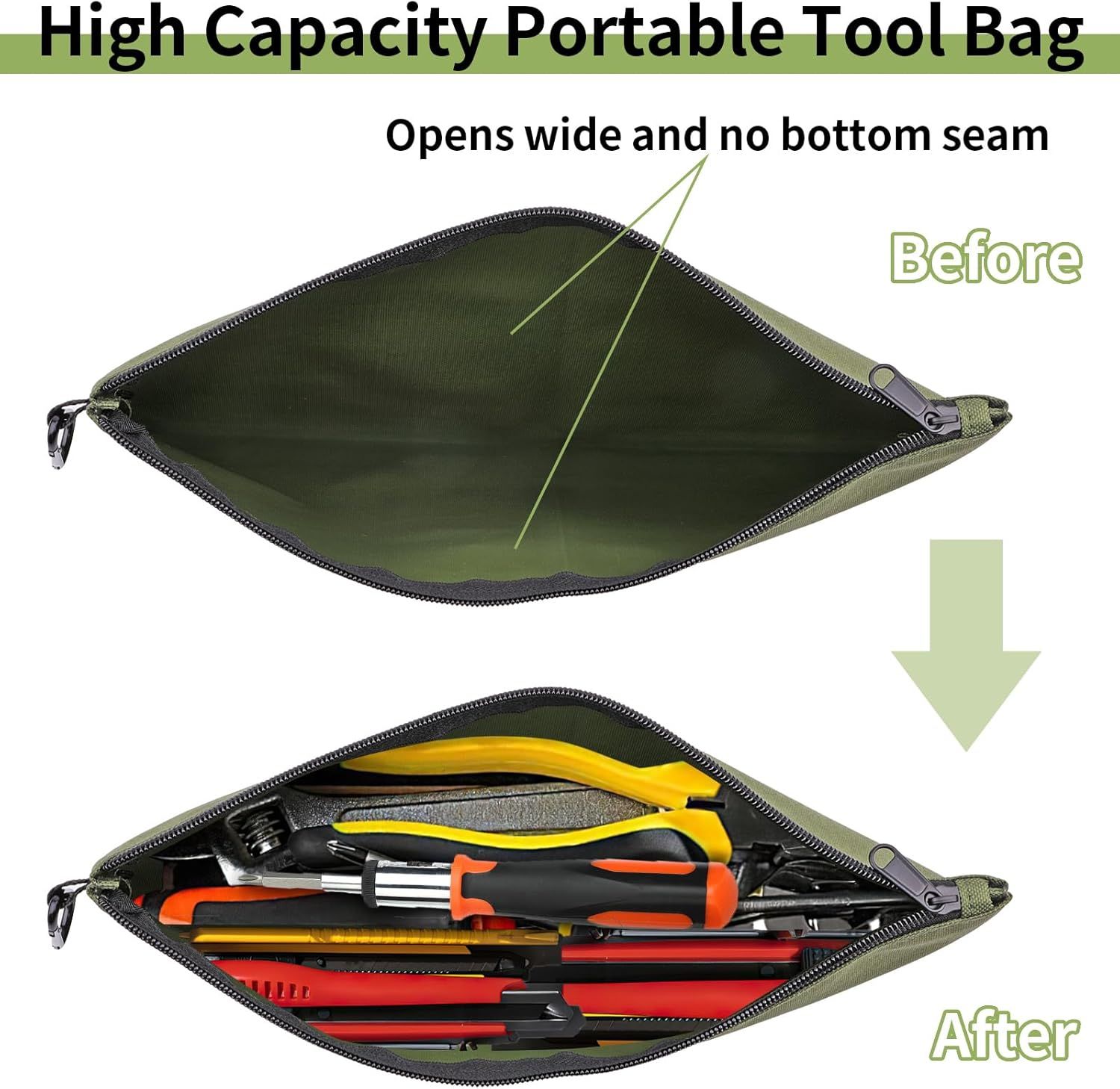 3 Pack Tool Bag Zipper Pouch, Premium Tool Pouch, Utility Multipurpose Storage Organizer Tool Pouches with Carabiner Metal Zipper for Tools, Stationary, Pencil Pouch (3 Pack, Tan, Navy Green, Black) - Image 5