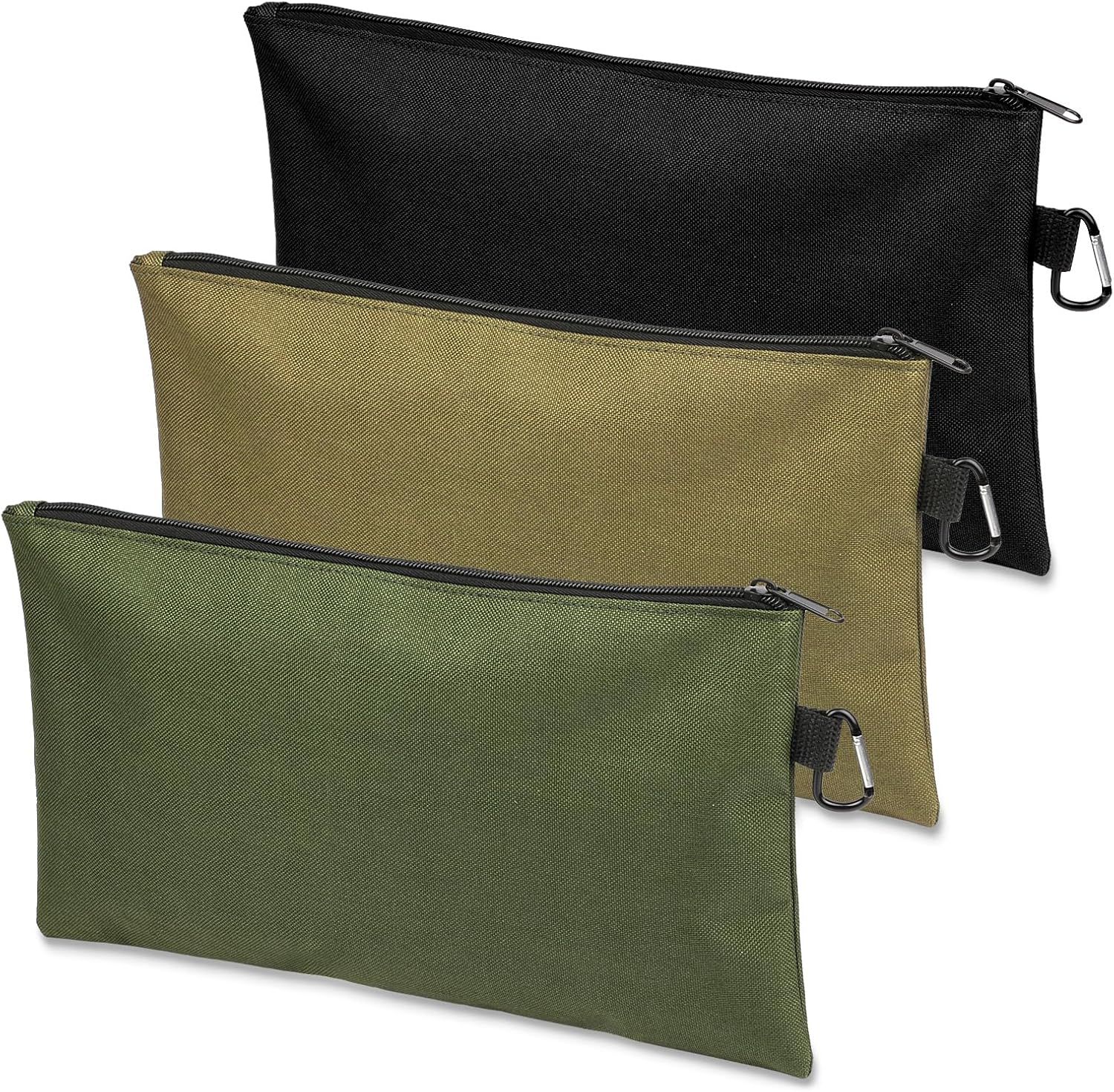 3 Pack Tool Bag Zipper Pouch, Premium Tool Pouch, Utility Multipurpose Storage Organizer Tool Pouches with Carabiner Metal Zipper for Tools, Stationary, Pencil Pouch (3 Pack, Tan, Navy Green, Black) - Image 8