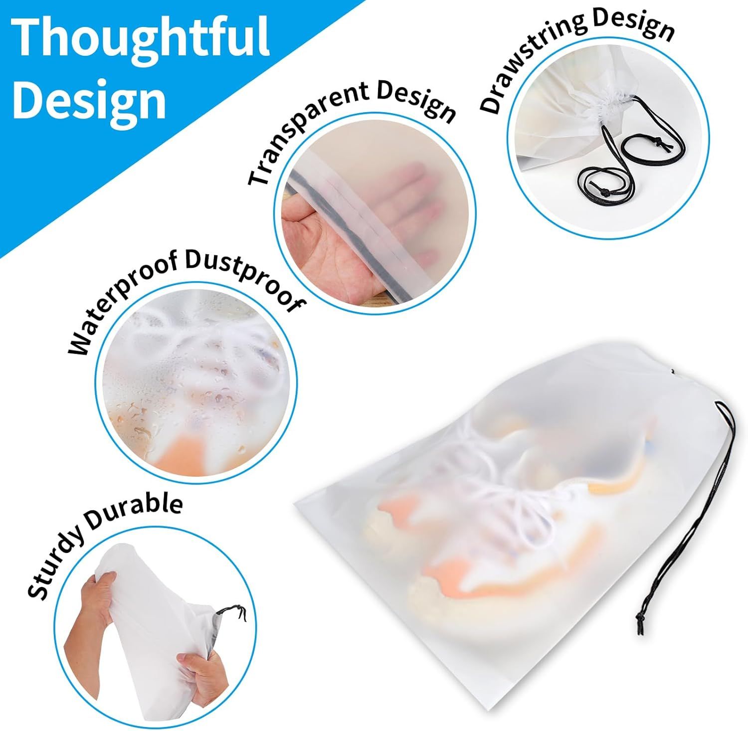 , Waterproof Travel Drawstring Shoe Bags for Packing, Storage, Travel Essentials for Men and Women, 15.7 x 11.8 inches, Clear, 5 pieces - Image 3