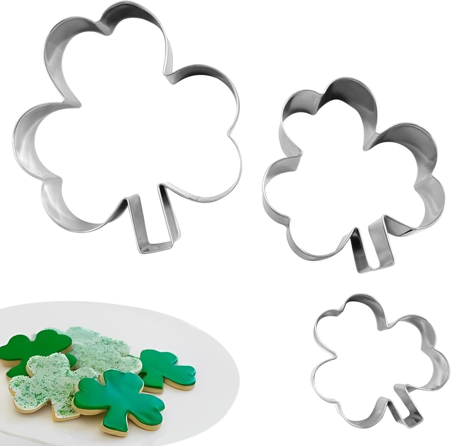 3Pcs St. Patrick’s Day Shamrock Cookie Cutter Set, Metal Clover Cookie Cutter Set for Baking, Stainless Steel Biscuit Cutters for Irish Holiday Party Supplies - Image 1