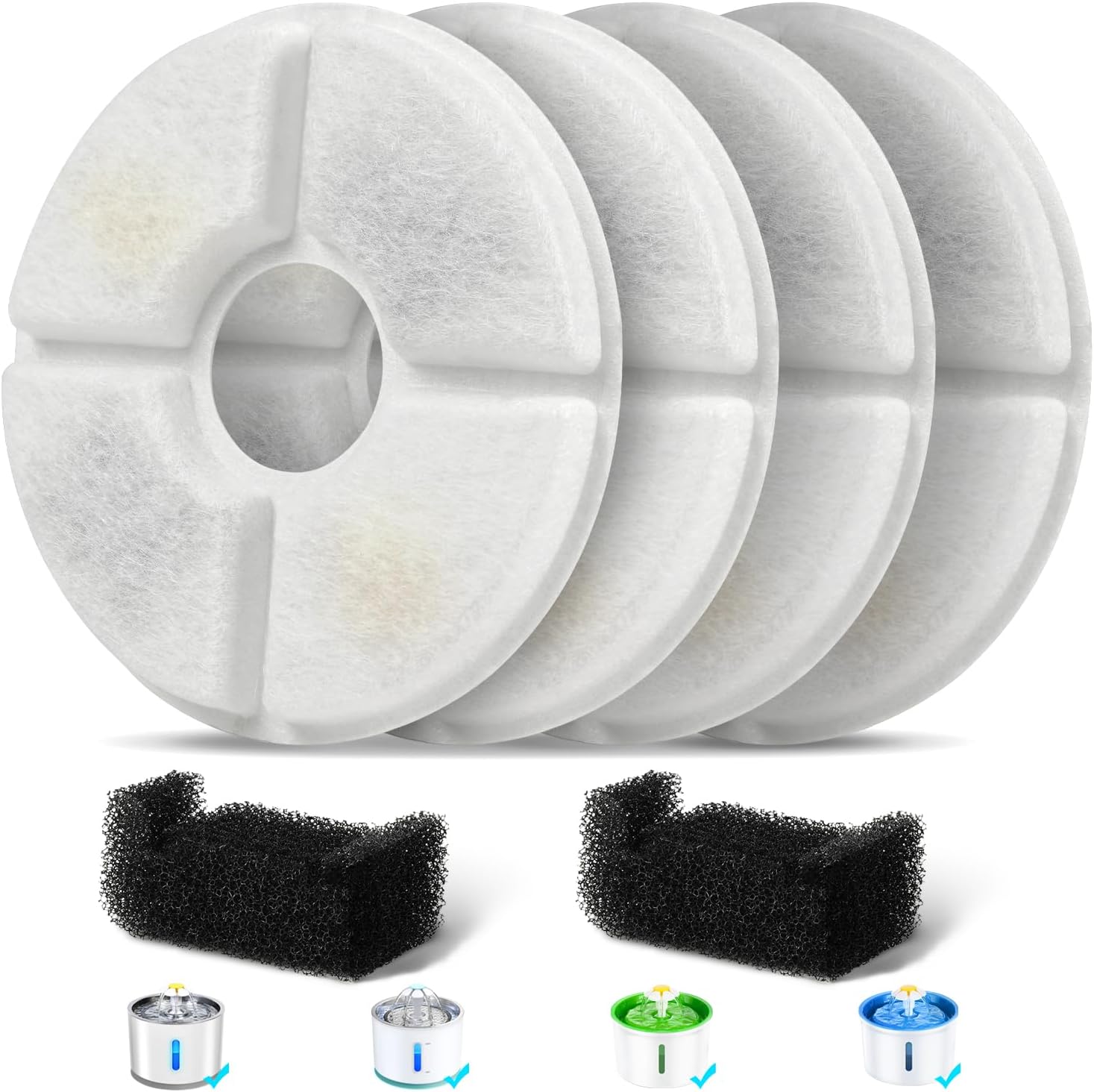 Filters Replacements for Flower Automatic Pet Fountains, Cat Water Fountain Replacement Parts and Dog Water Dispensers Filters for 81oz/2.4L Round Cat Water Fountains (4 Filters+2 Sponges) - Image 1