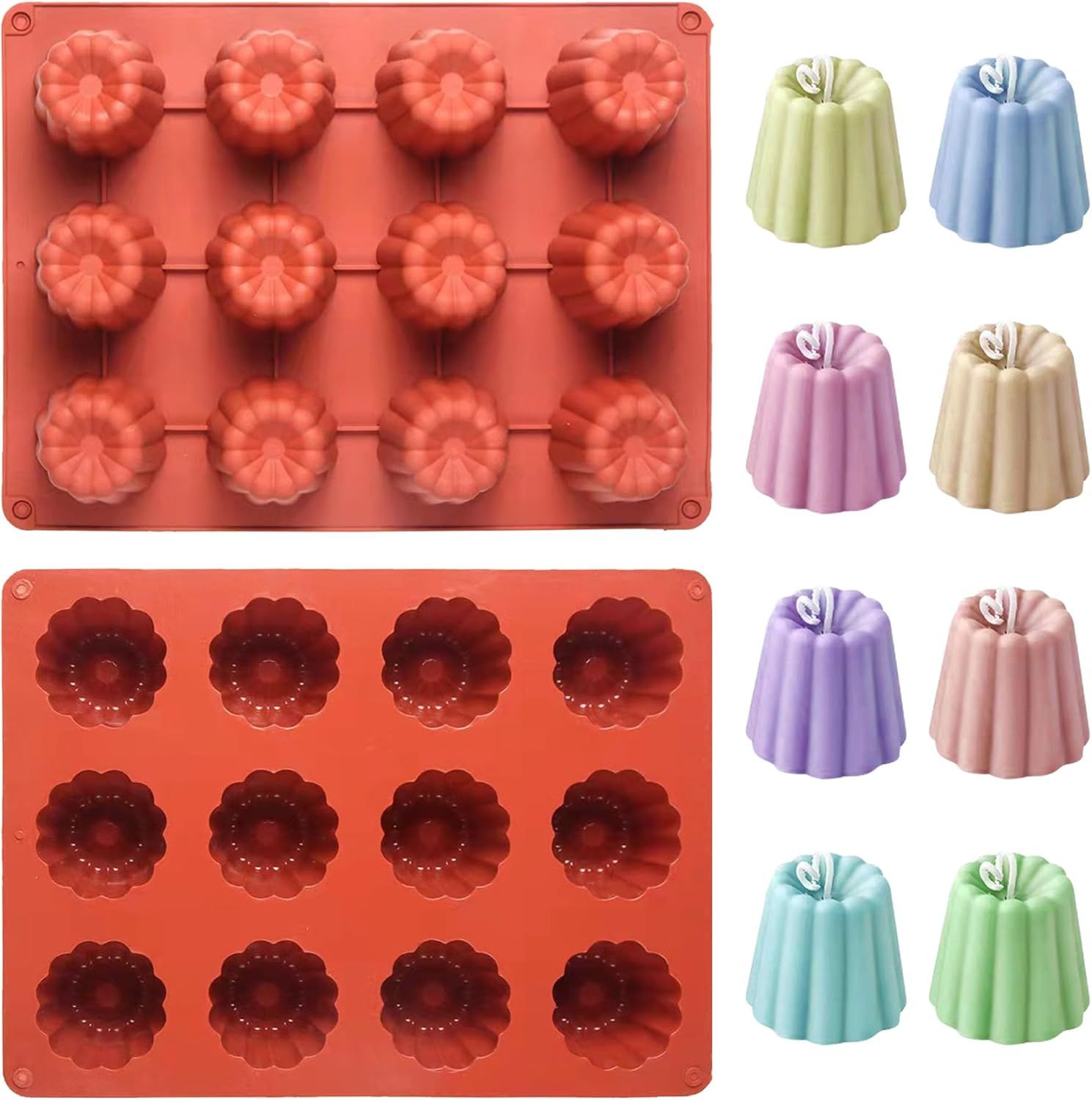 Canele Molds Canele Mold Silicone,12-Cavity Non-Stick Canele Mold Baking Cake Pan for Bread Muffin Candle Ice Cream Jelly Pudding Soap Making, Red - Image 1