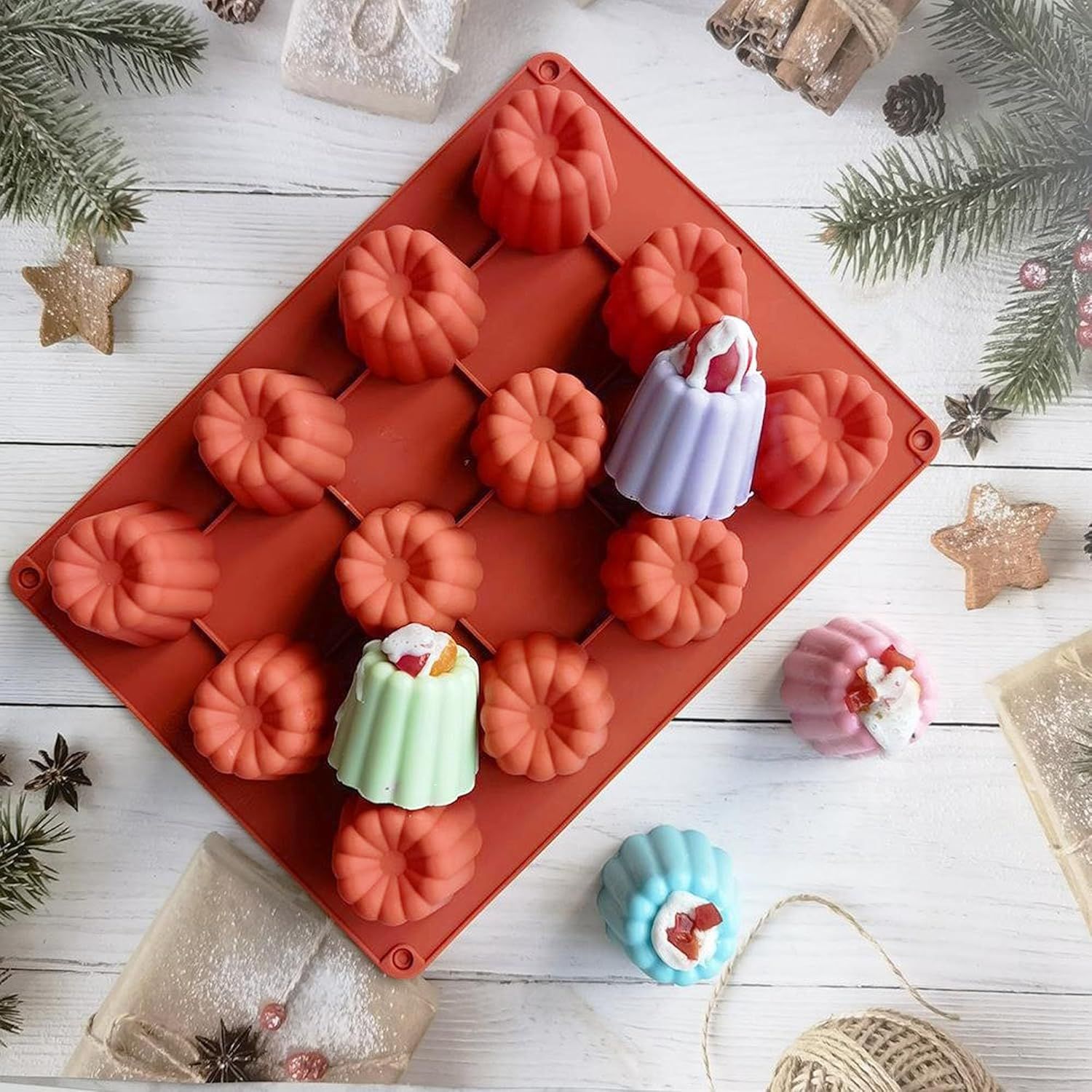 Canele Molds Canele Mold Silicone,12-Cavity Non-Stick Canele Mold Baking Cake Pan for Bread Muffin Candle Ice Cream Jelly Pudding Soap Making, Red - Image 2
