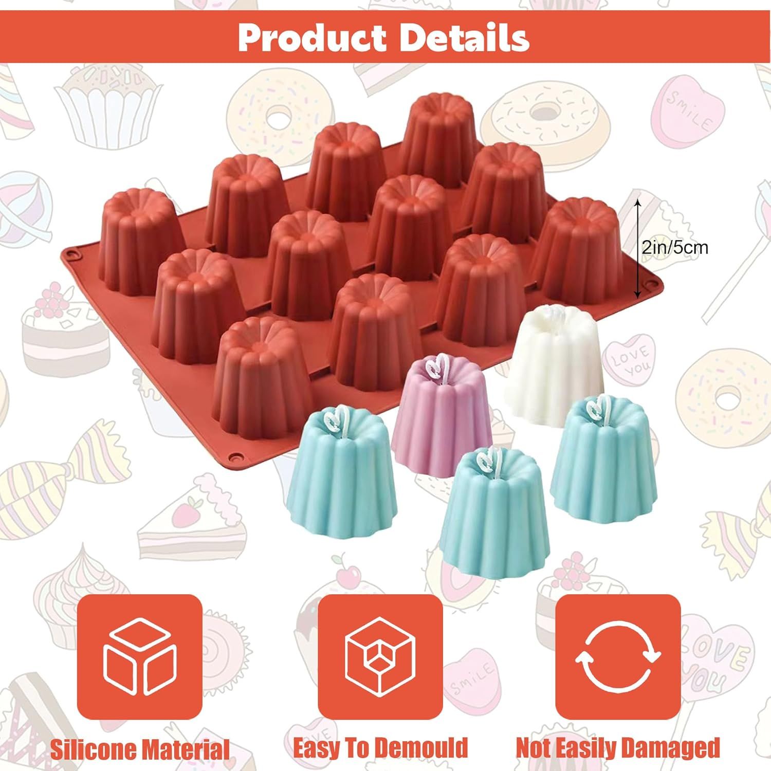 Canele Molds Canele Mold Silicone,12-Cavity Non-Stick Canele Mold Baking Cake Pan for Bread Muffin Candle Ice Cream Jelly Pudding Soap Making, Red - Image 4