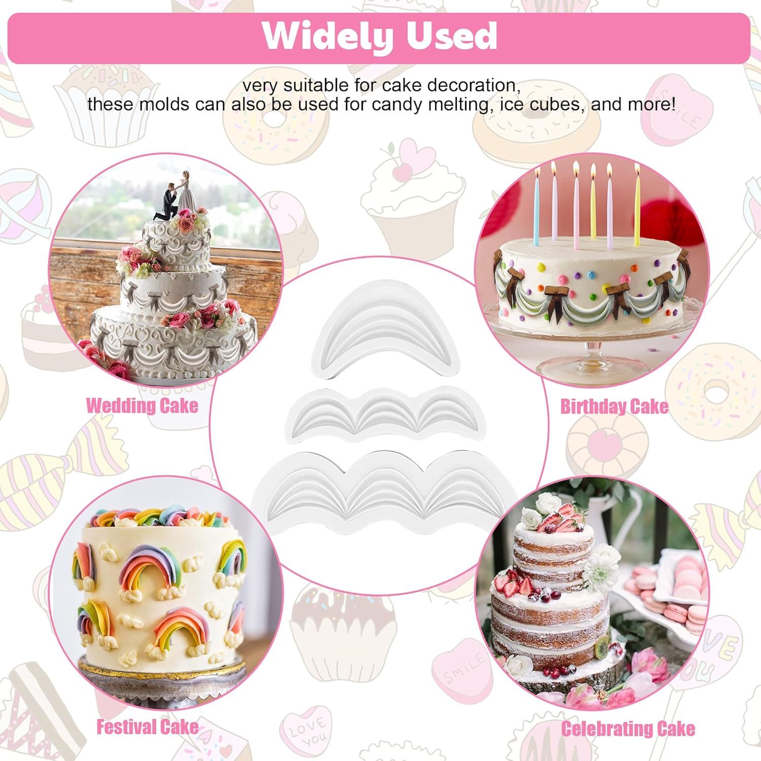 Fondant Swag Molds | Cake Border Draped Swag Silicone Mold | 3Pcs Set Wave-shaped Molds for Baking & Decorating | Safety Cake Mold for Fandant Candy Chocolate | Wedding Birthday Party Cake Decoration - Image 4