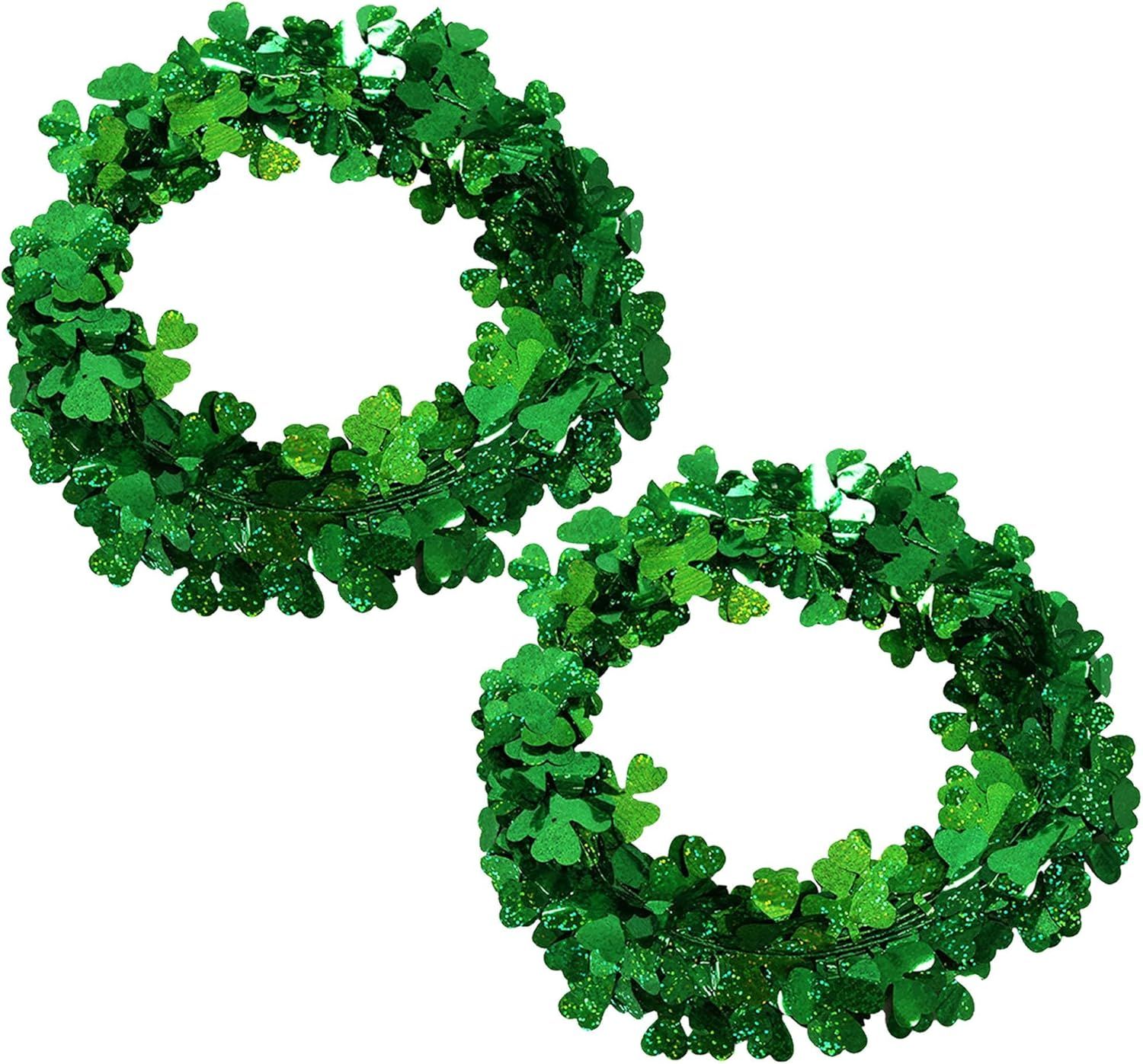 2Pcs St Patricks Day Tinsel Garland, 49.2 Ft Green Shamrock Garland Shiny Metallic Twist Garlands Hanging Glitter Clover Wreaths, St Patrick's Day Decorations for Wall Door Home Irish Party Supplies - Image 1