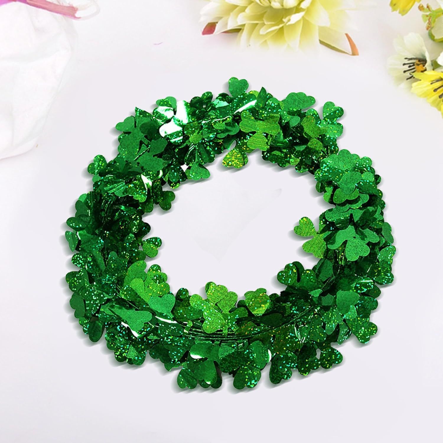 2Pcs St Patricks Day Tinsel Garland, 49.2 Ft Green Shamrock Garland Shiny Metallic Twist Garlands Hanging Glitter Clover Wreaths, St Patrick's Day Decorations for Wall Door Home Irish Party Supplies - Image 2