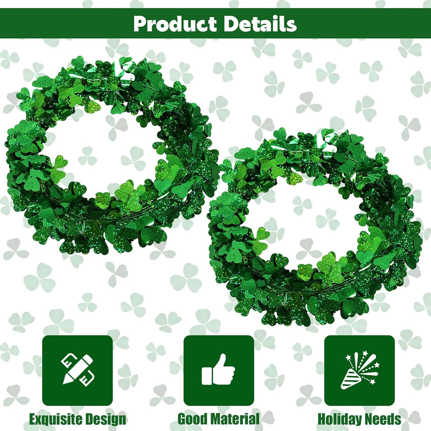 2Pcs St Patricks Day Tinsel Garland, 49.2 Ft Green Shamrock Garland Shiny Metallic Twist Garlands Hanging Glitter Clover Wreaths, St Patrick's Day Decorations for Wall Door Home Irish Party Supplies - Image 4