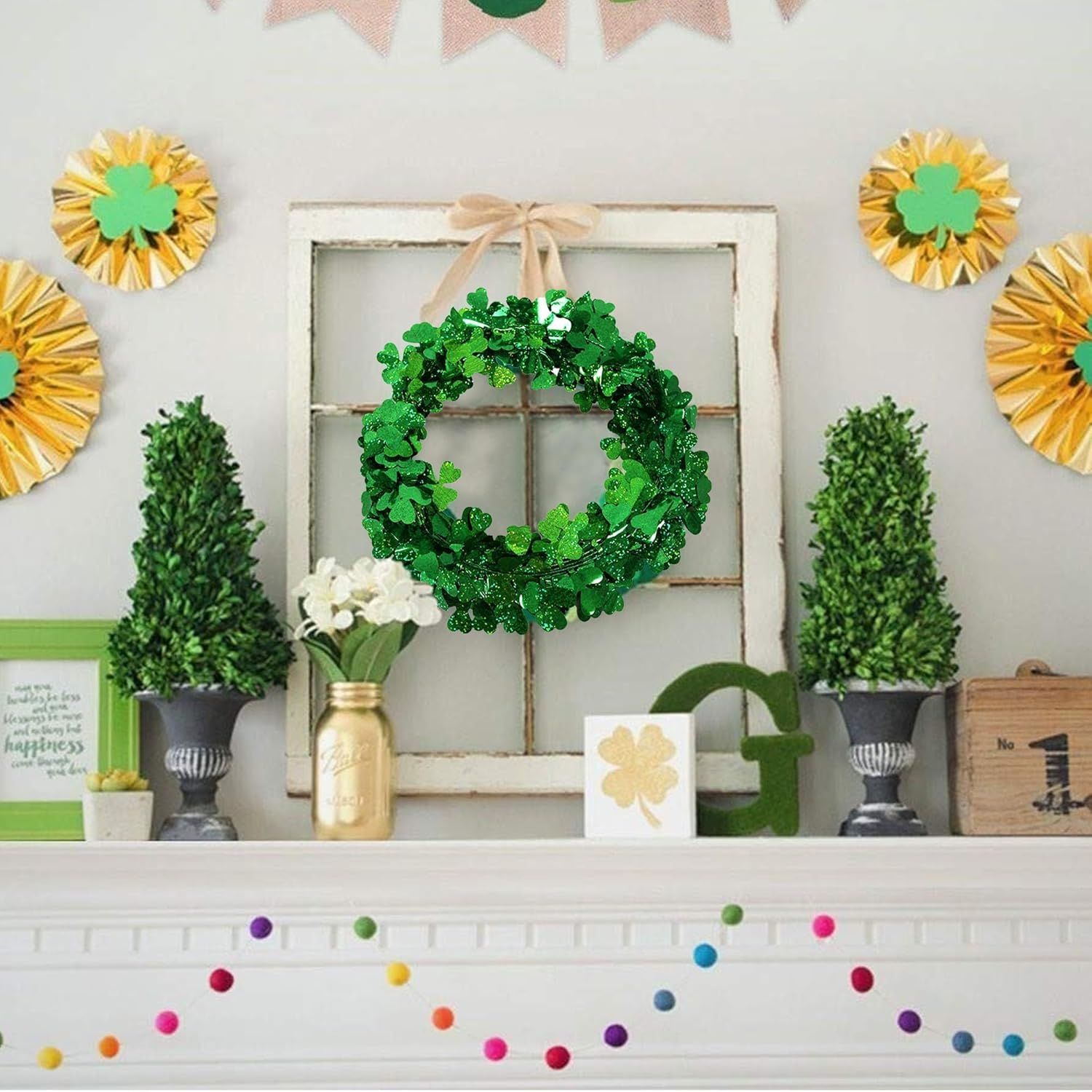 2Pcs St Patricks Day Tinsel Garland, 49.2 Ft Green Shamrock Garland Shiny Metallic Twist Garlands Hanging Glitter Clover Wreaths, St Patrick's Day Decorations for Wall Door Home Irish Party Supplies - Image 6