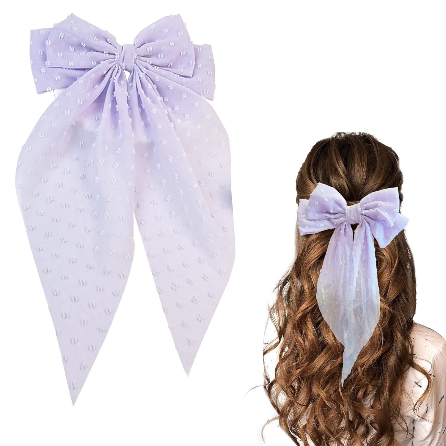 8in Hair Bows Barrettes for Women & Girls: Large Satin Bow Hair Clip with Long Tail - Elegant Hair Ribbon for French Stylish Looks -Chic Soft Cloth Oversized Bows Hair Accessories (Purple) - Image 1