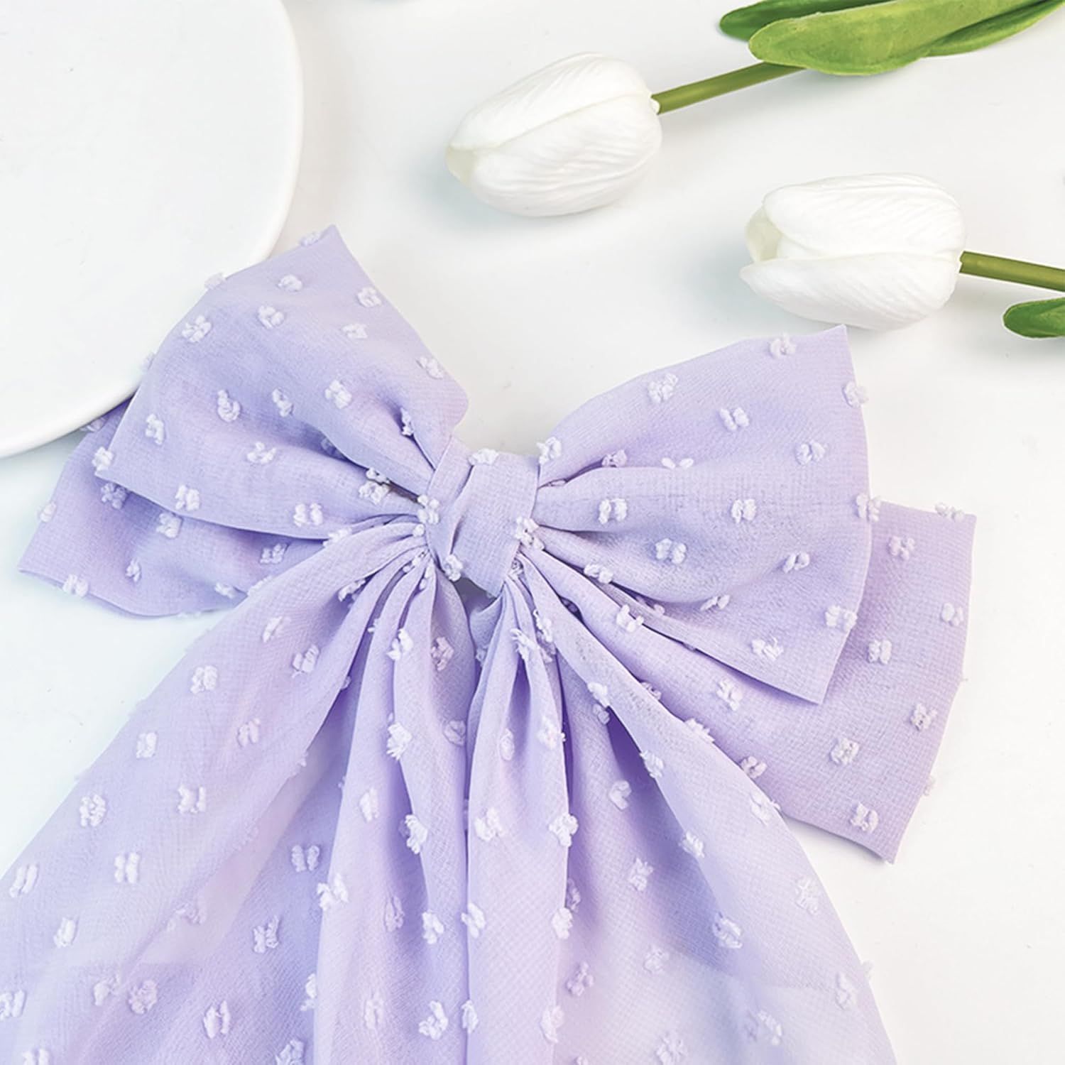 8in Hair Bows Barrettes for Women & Girls: Large Satin Bow Hair Clip with Long Tail - Elegant Hair Ribbon for French Stylish Looks -Chic Soft Cloth Oversized Bows Hair Accessories (Purple) - Image 3
