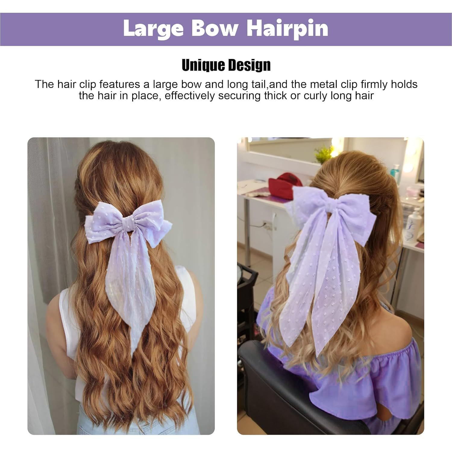 8in Hair Bows Barrettes for Women & Girls: Large Satin Bow Hair Clip with Long Tail - Elegant Hair Ribbon for French Stylish Looks -Chic Soft Cloth Oversized Bows Hair Accessories (Purple) - Image 7