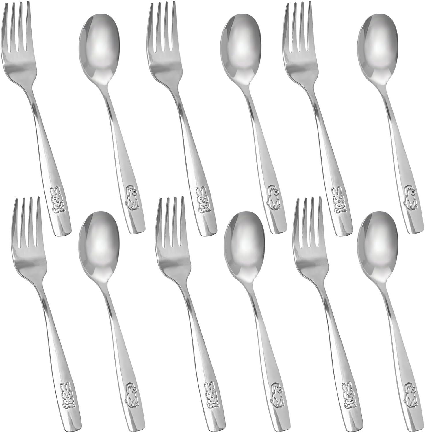 12PCS Toddler Utensils, Stainless Steel Kids Silverware, Safe Toddler Forks and Spoons, Mirror Polished, Dishwasher Safe, with Bunny & Puppy Motifs, Fun Stocking Stuffers for Kids - Image 1