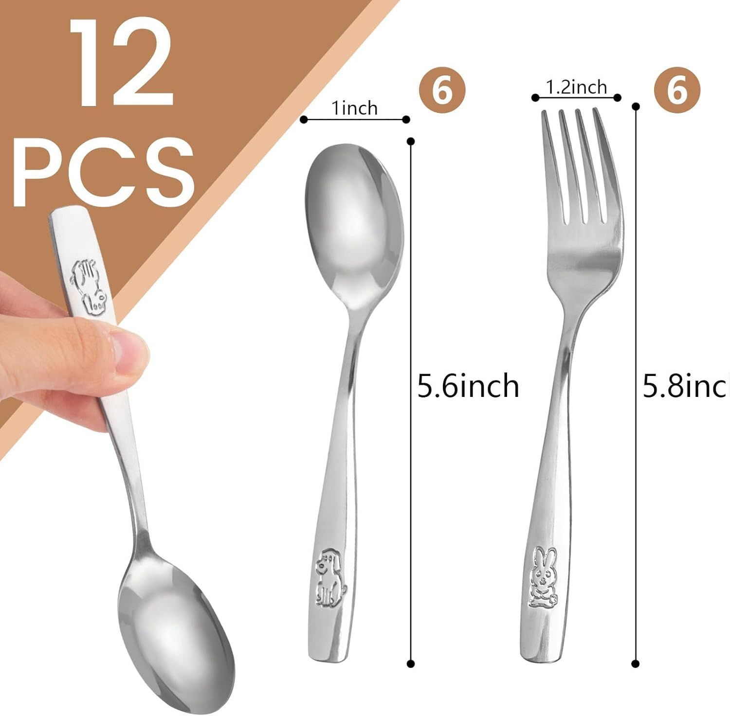 12PCS Toddler Utensils, Stainless Steel Kids Silverware, Safe Toddler Forks and Spoons, Mirror Polished, Dishwasher Safe, with Bunny & Puppy Motifs, Fun Stocking Stuffers for Kids - Image 2