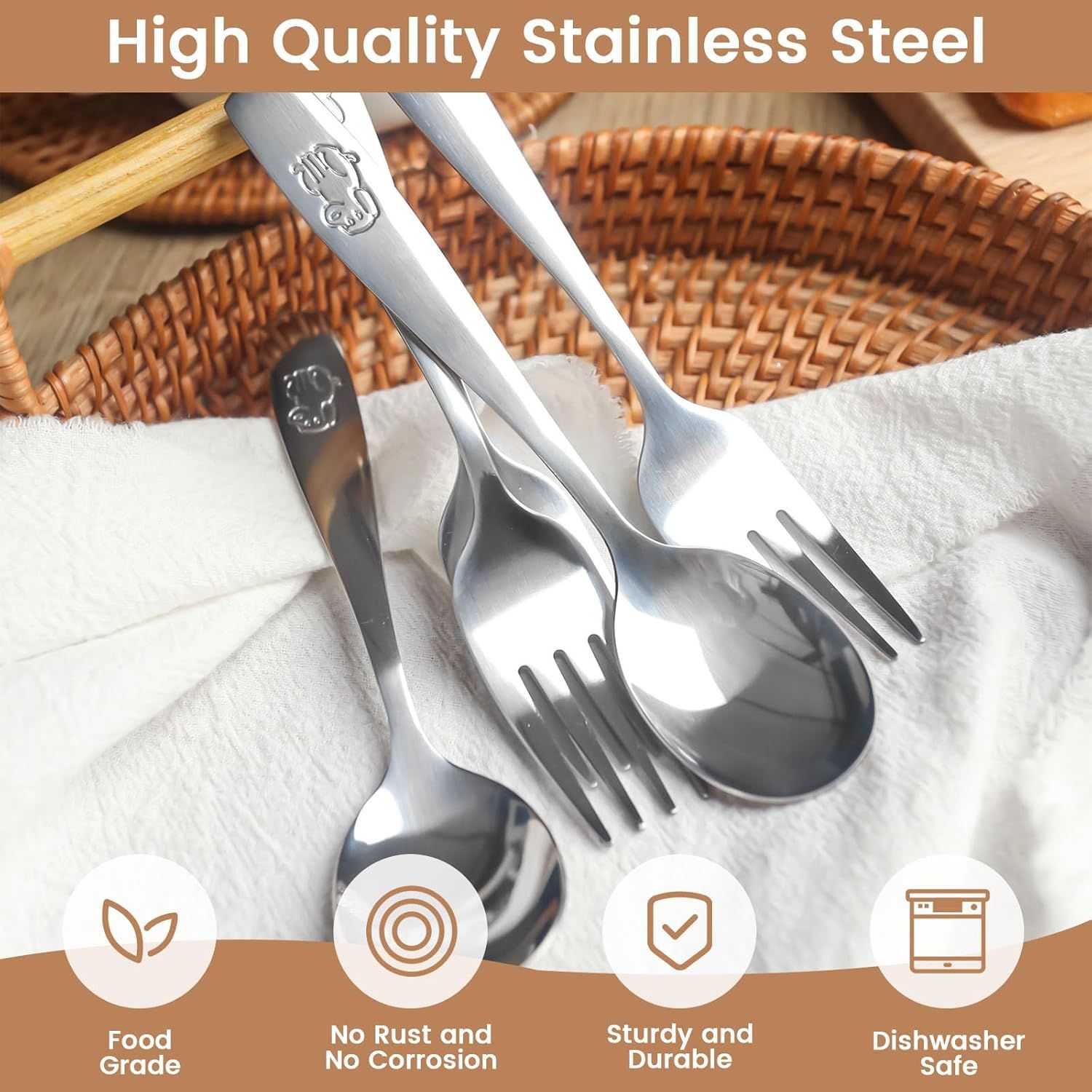 12PCS Toddler Utensils, Stainless Steel Kids Silverware, Safe Toddler Forks and Spoons, Mirror Polished, Dishwasher Safe, with Bunny & Puppy Motifs, Fun Stocking Stuffers for Kids - Image 4