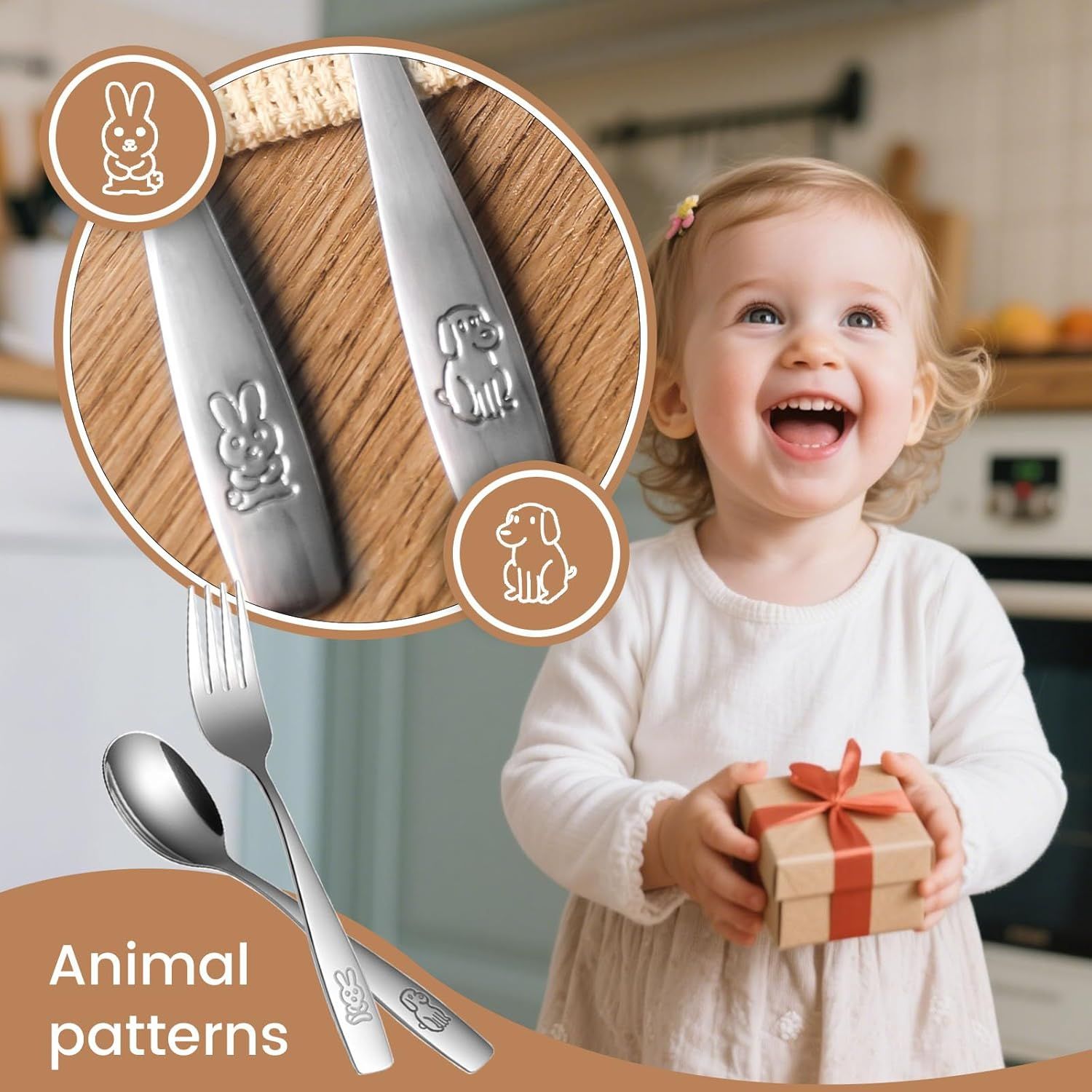 12PCS Toddler Utensils, Stainless Steel Kids Silverware, Safe Toddler Forks and Spoons, Mirror Polished, Dishwasher Safe, with Bunny & Puppy Motifs, Fun Stocking Stuffers for Kids - Image 5