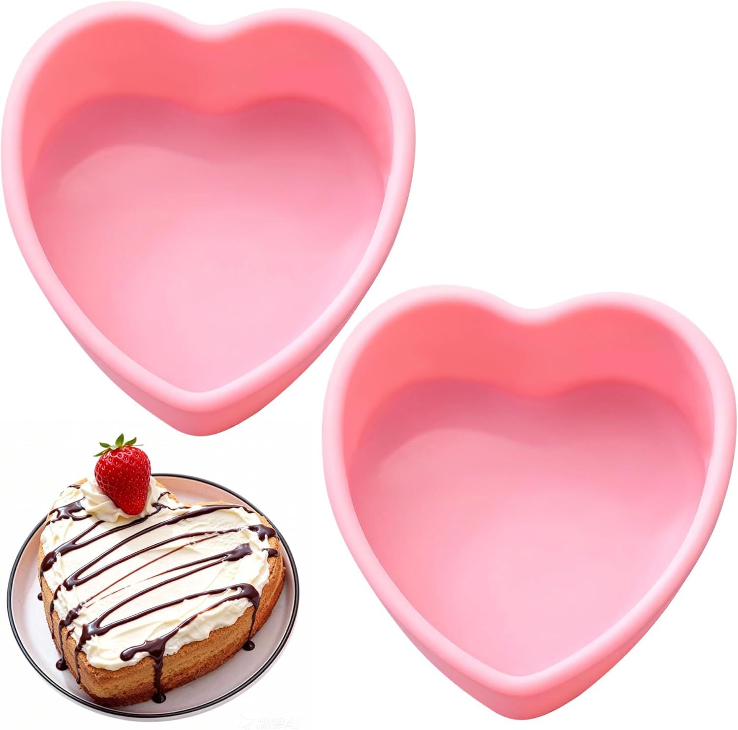 2Pcs Mini Heart Shaped Cake Pans, 4 Inch Heart Cake Pan, Nonstick Silicone Hearts Cake Molds for Valentine's Day Anniversary Birthday Party Mini Cakes, Cheesecake, Pudding Baking, Pink - Image 1