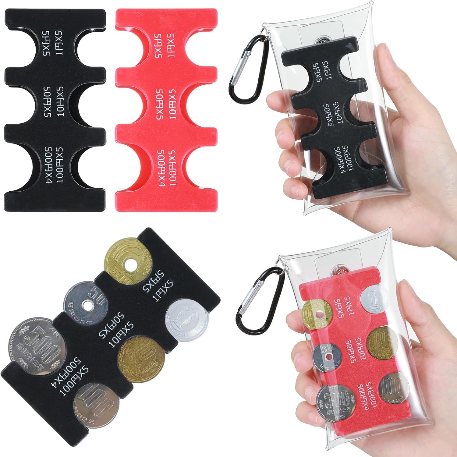 2 Pcs Yen Coin Organizer with PVC Pack, Japanese Coin Organizer, Portable Rectangle Coin Holder for Car, Plastic Coin Sorter Wallet with 6 Slots, Dispenser for Travel (Black, Red) - Image 1