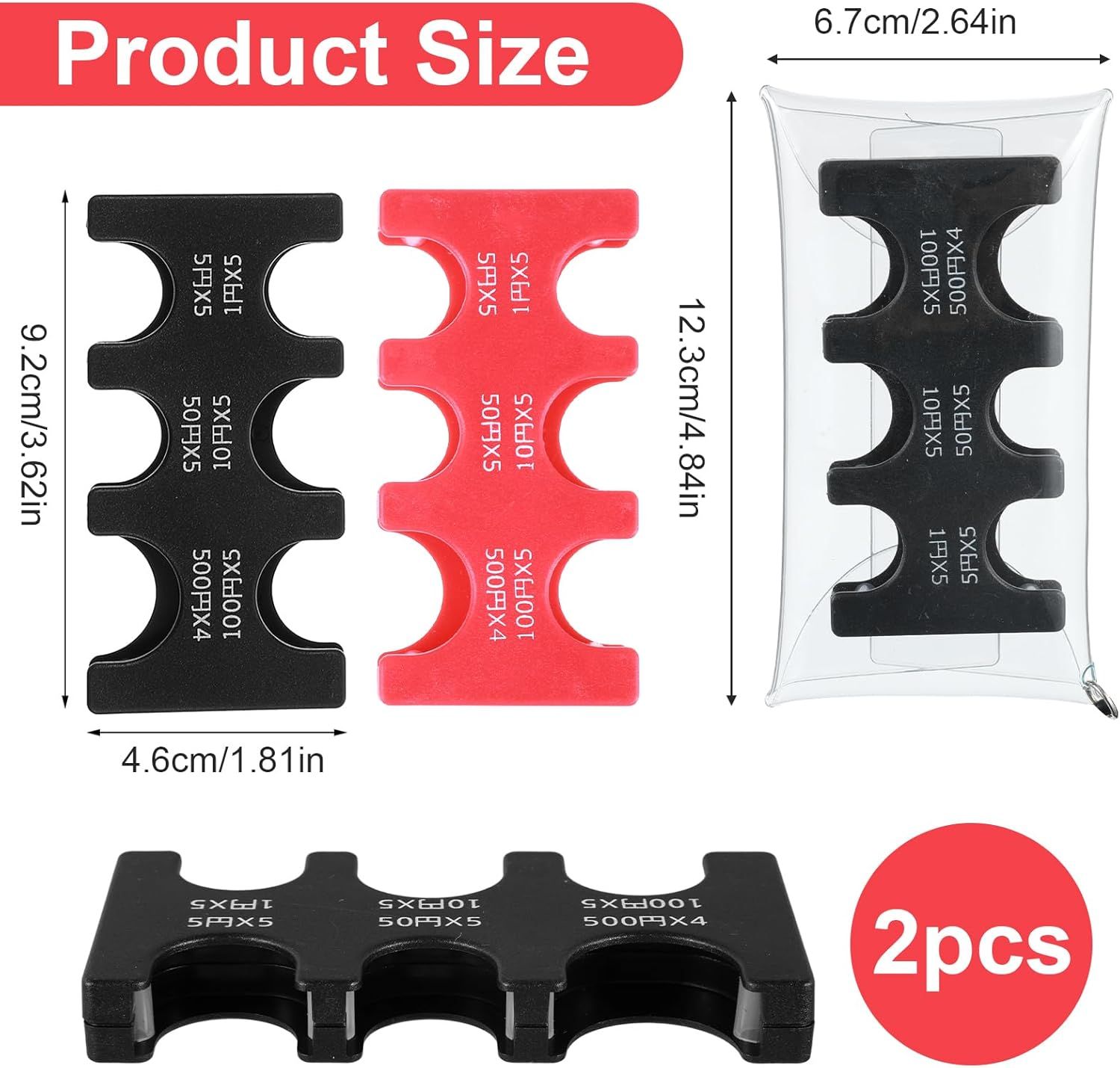 2 Pcs Yen Coin Organizer with PVC Pack, Japanese Coin Organizer, Portable Rectangle Coin Holder for Car, Plastic Coin Sorter Wallet with 6 Slots, Dispenser for Travel (Black, Red) - Image 2