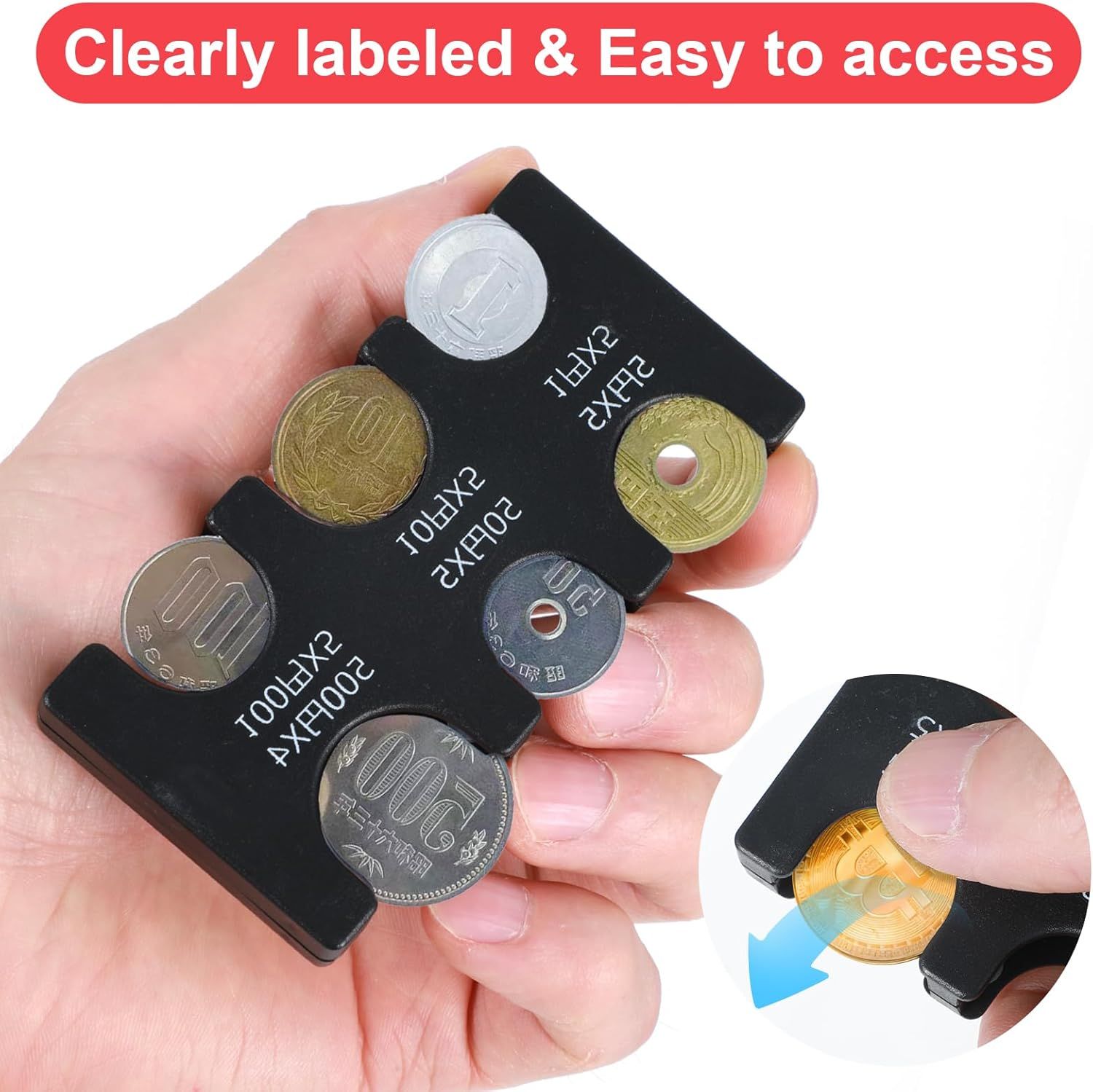 2 Pcs Yen Coin Organizer with PVC Pack, Japanese Coin Organizer, Portable Rectangle Coin Holder for Car, Plastic Coin Sorter Wallet with 6 Slots, Dispenser for Travel (Black, Red) - Image 7