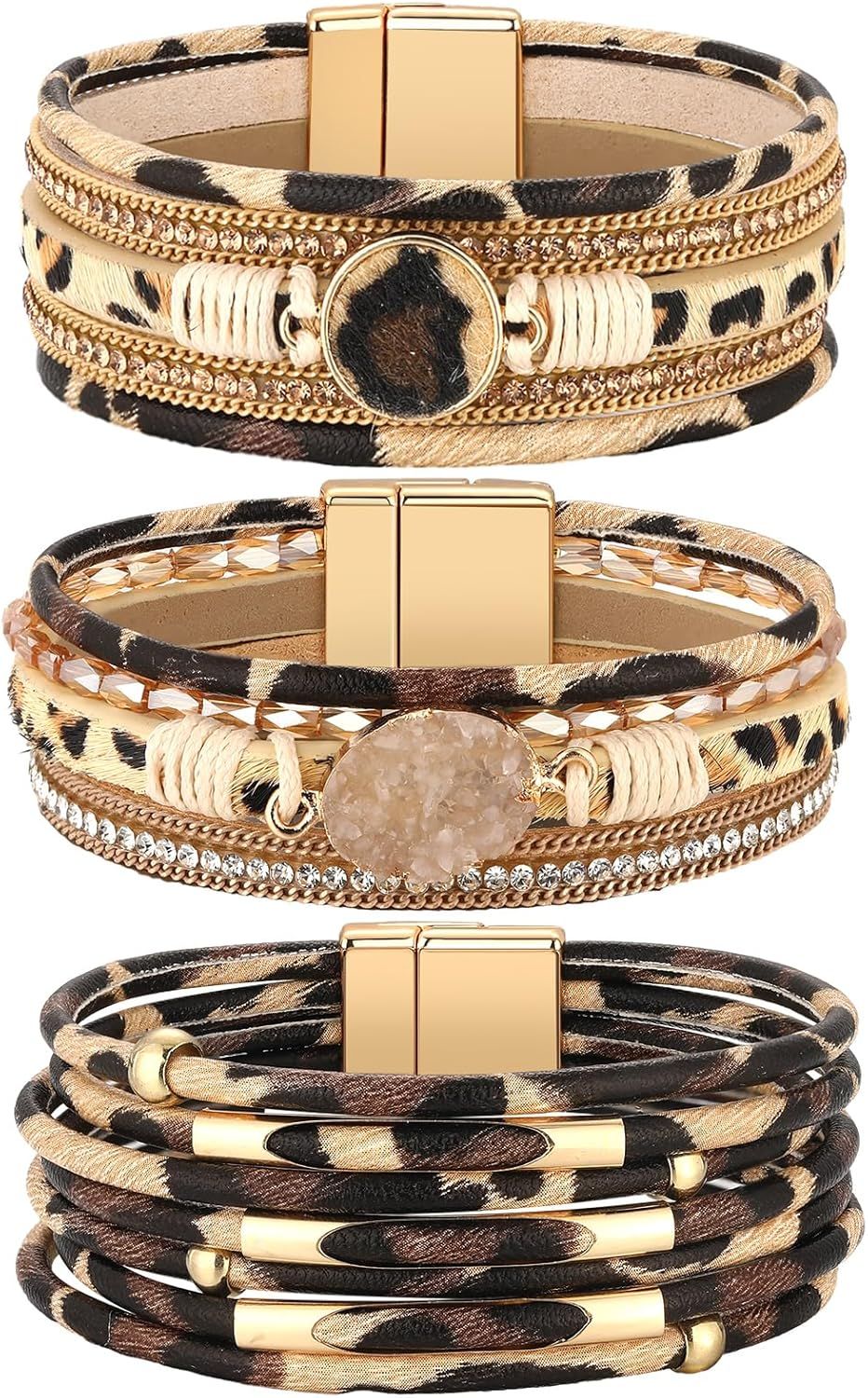 3 Pcs Western Bracelet for Women Leather Multi Layer Wrap Bracelet Western Boho Crystal Beads Cuff Jewelry - Image 1