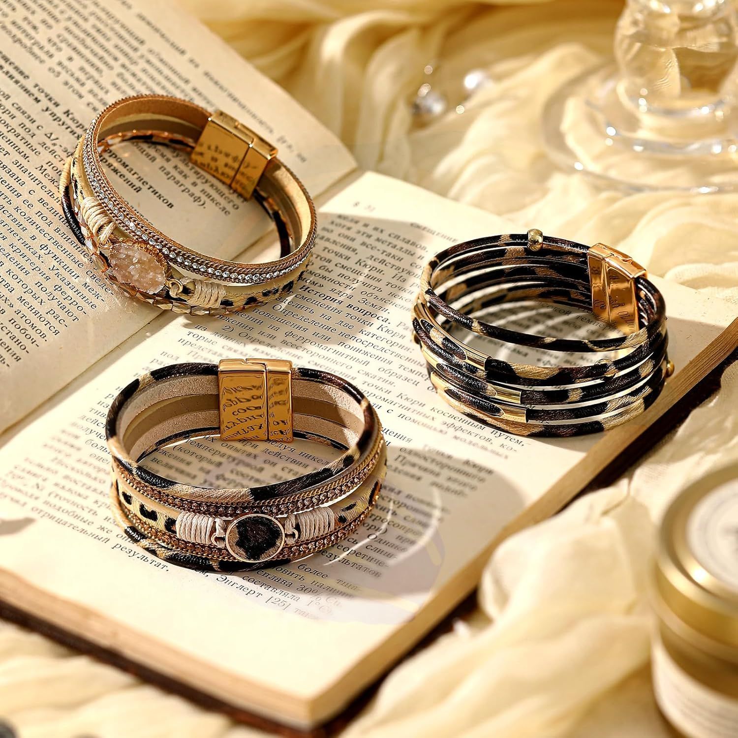3 Pcs Western Bracelet for Women Leather Multi Layer Wrap Bracelet Western Boho Crystal Beads Cuff Jewelry - Image 3