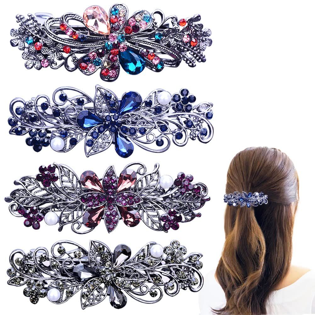 4 PCS Hair Barrettes for Women Ladies, Flower Crystal Rhinestones Barrette Pearl Spring Hair Clip Accessories Women Fashion Ponytail Holders Barrette for Daily Wear Mothers Day present - Image 1
