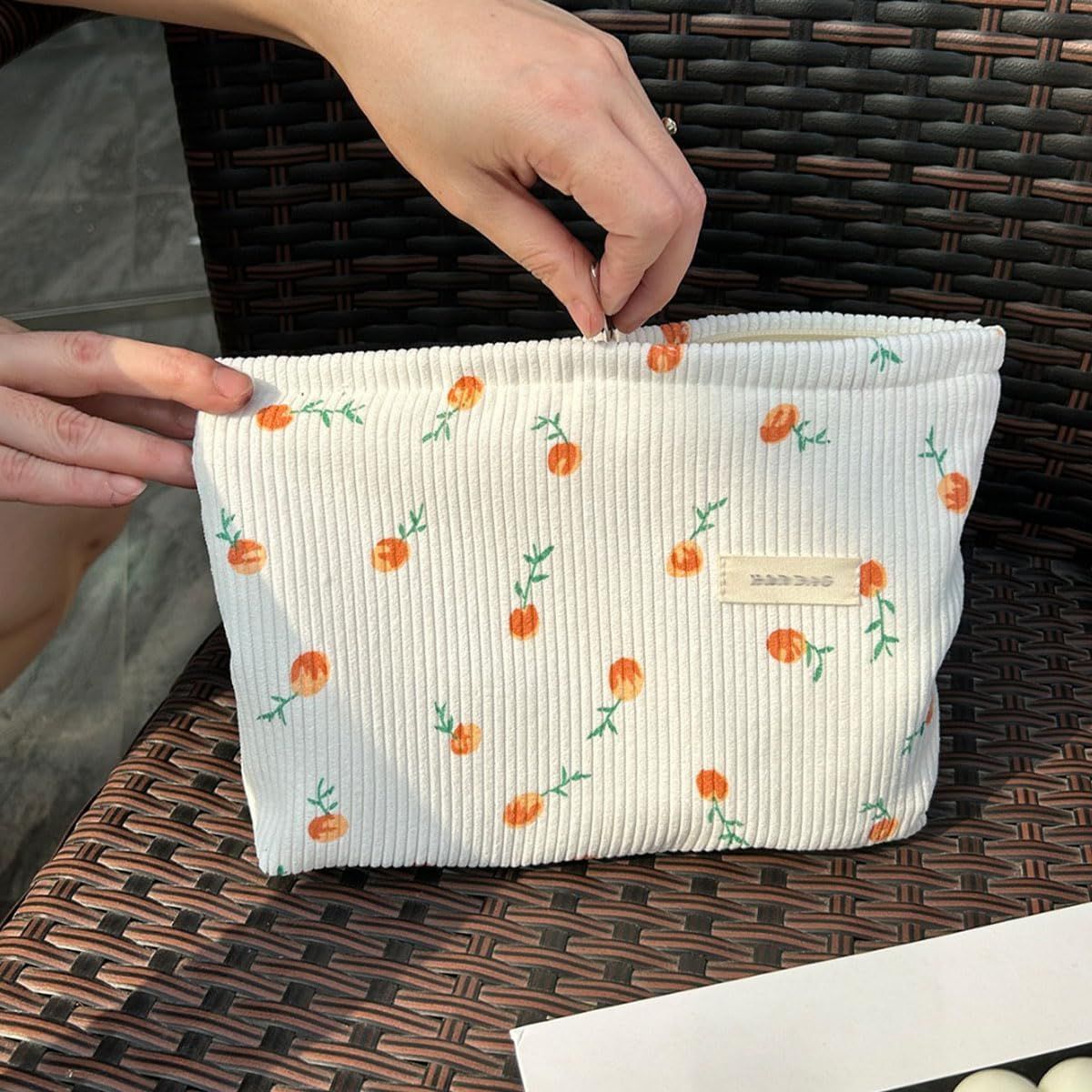 2 Pieces Large Corduroy Cosmetic Bag 10.23INCH Makeup Bag, Cosmetic Bags for Women Cute Large Capacity Make up Bags Travel Toiletry Aesthetic Skincare Brushes Storage Organizer for Women - Image 2
