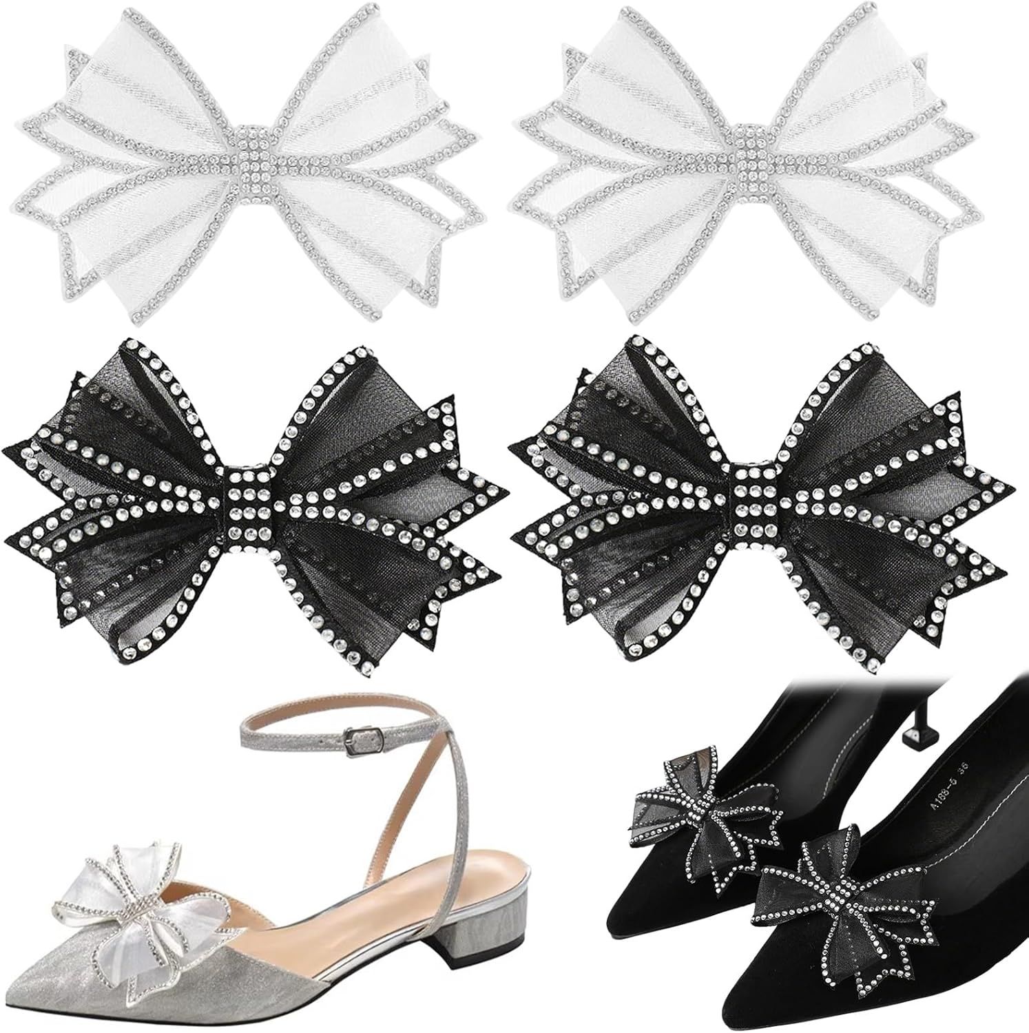 2 Pairs Bow Shoe Clips for Women Dress Shoes Mesh Bow Rhinestone Shoe Clip Detachable Classic Fashion Sparkling Bow Heels Shoe Charms Bridal Wedding Party Crystal Shoe Buckles - Image 1