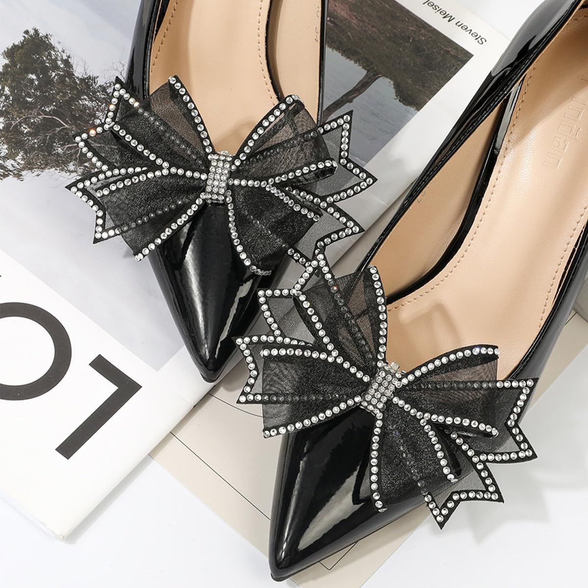 2 Pairs Bow Shoe Clips for Women Dress Shoes Mesh Bow Rhinestone Shoe Clip Detachable Classic Fashion Sparkling Bow Heels Shoe Charms Bridal Wedding Party Crystal Shoe Buckles - Image 5
