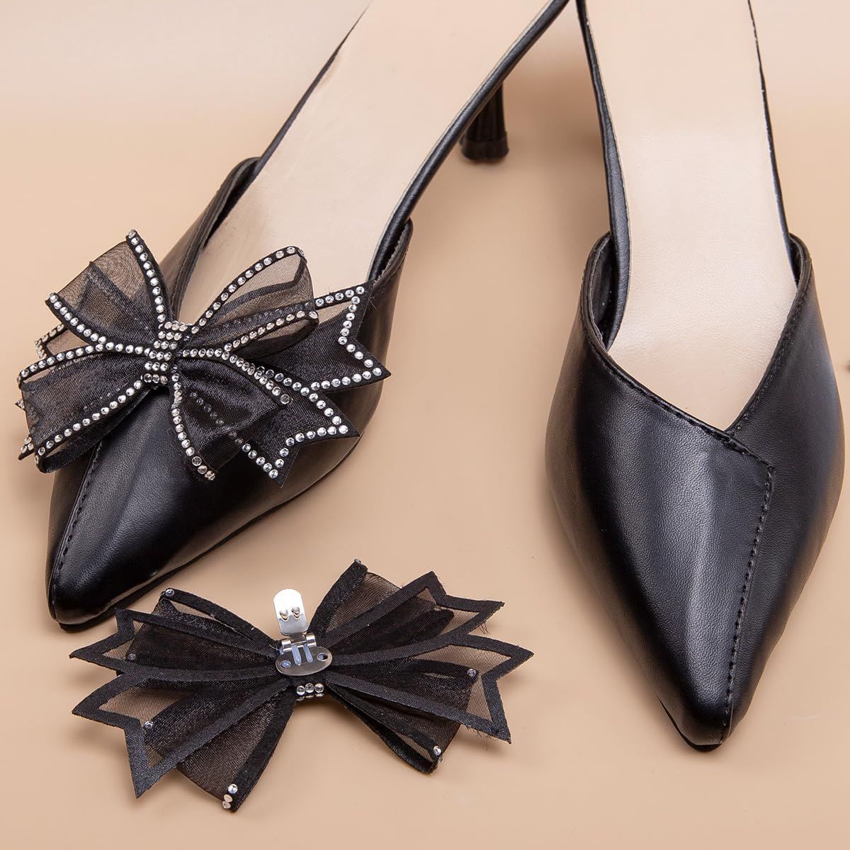 2 Pairs Bow Shoe Clips for Women Dress Shoes Mesh Bow Rhinestone Shoe Clip Detachable Classic Fashion Sparkling Bow Heels Shoe Charms Bridal Wedding Party Crystal Shoe Buckles - Image 6