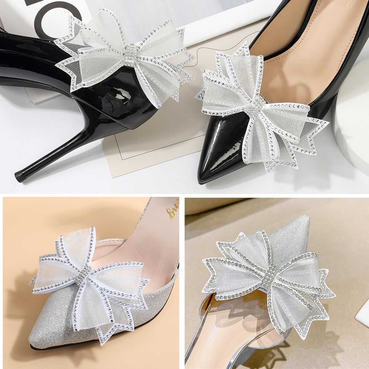 2 Pairs Bow Shoe Clips for Women Dress Shoes Mesh Bow Rhinestone Shoe Clip Detachable Classic Fashion Sparkling Bow Heels Shoe Charms Bridal Wedding Party Crystal Shoe Buckles - Image 7