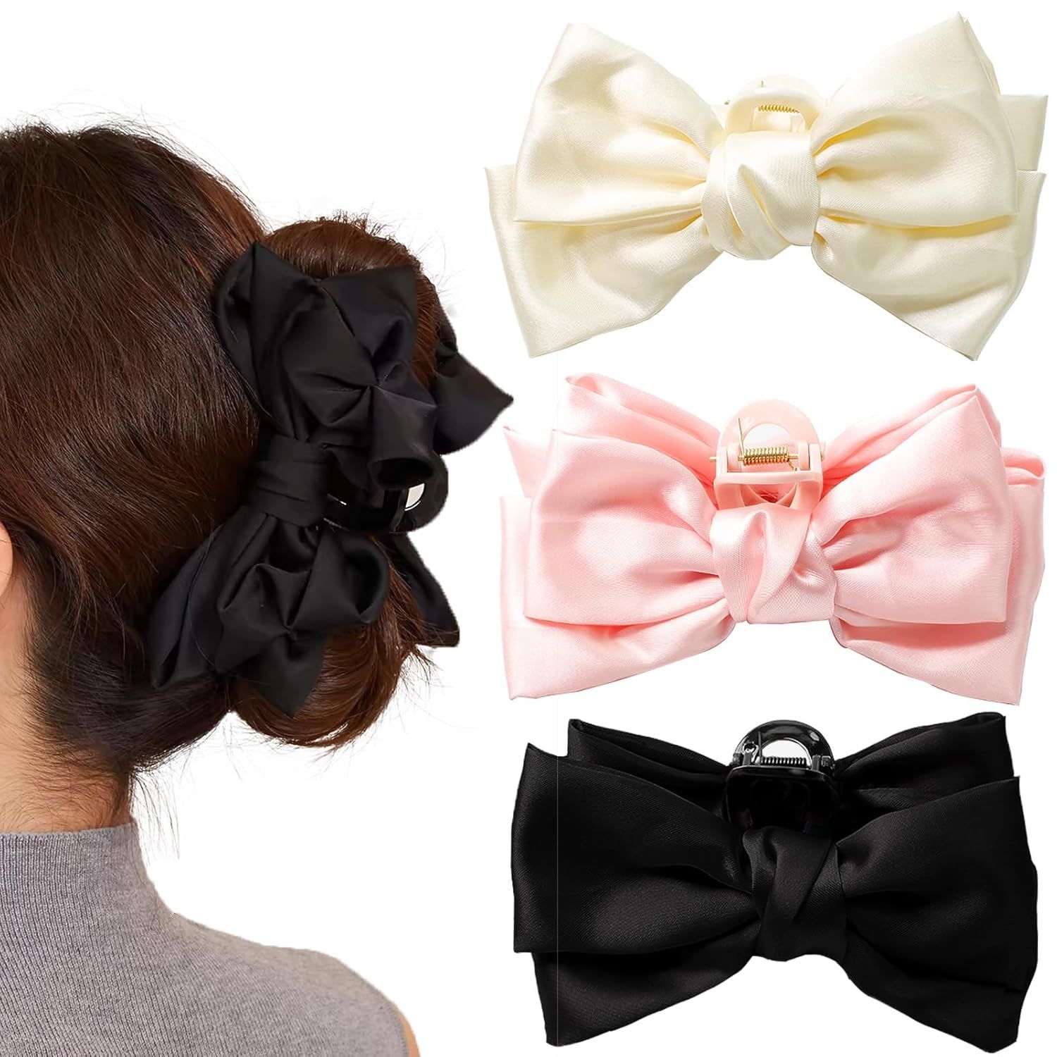 3 PCS Large Bow Hair Claw Clips Satin Bow Claw Clip for Women Girl with Long Thick Hair 5.9 inch Elegant Hair Ribbon Design for all types Big (Black+White+Pink) - Image 1