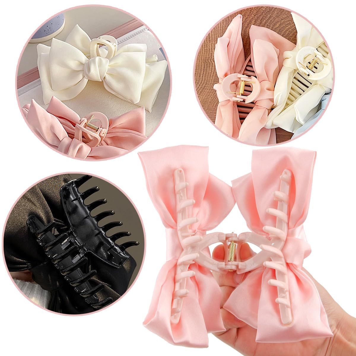 3 PCS Large Bow Hair Claw Clips Satin Bow Claw Clip for Women Girl with Long Thick Hair 5.9 inch Elegant Hair Ribbon Design for all types Big (Black+White+Pink) - Image 3
