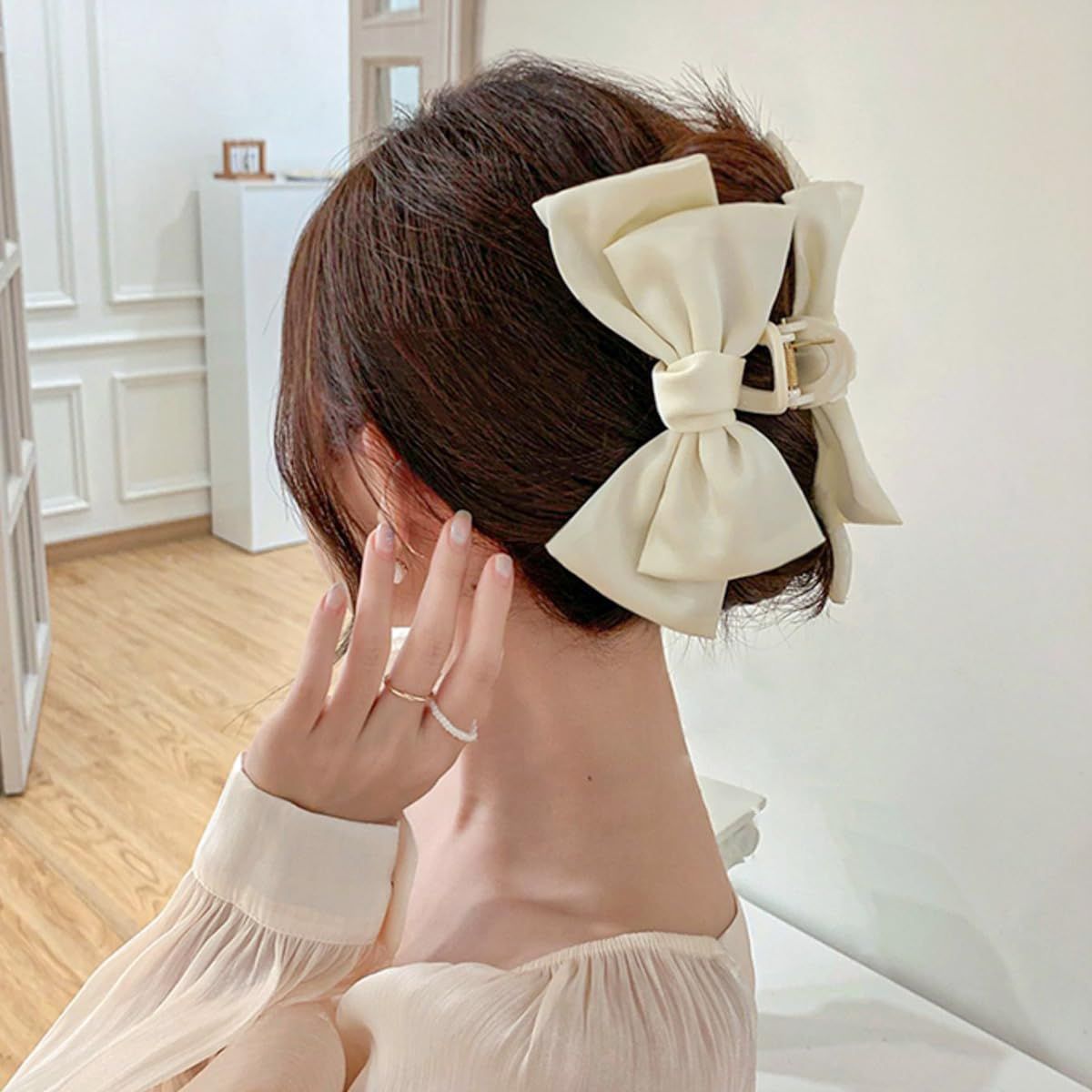 3 PCS Large Bow Hair Claw Clips Satin Bow Claw Clip for Women Girl with Long Thick Hair 5.9 inch Elegant Hair Ribbon Design for all types Big (Black+White+Pink) - Image 4