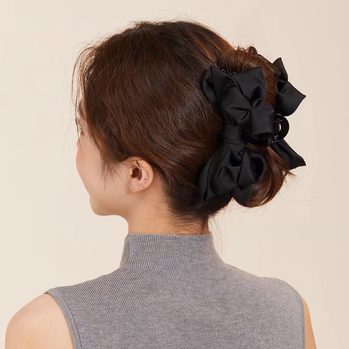 3 PCS Large Bow Hair Claw Clips Satin Bow Claw Clip for Women Girl with Long Thick Hair 5.9 inch Elegant Hair Ribbon Design for all types Big (Black+White+Pink) - Image 6