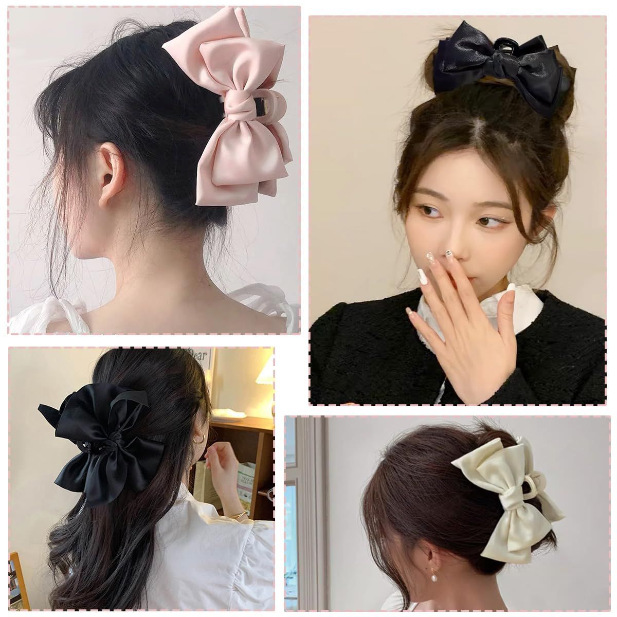 3 PCS Large Bow Hair Claw Clips Satin Bow Claw Clip for Women Girl with Long Thick Hair 5.9 inch Elegant Hair Ribbon Design for all types Big (Black+White+Pink) - Image 7