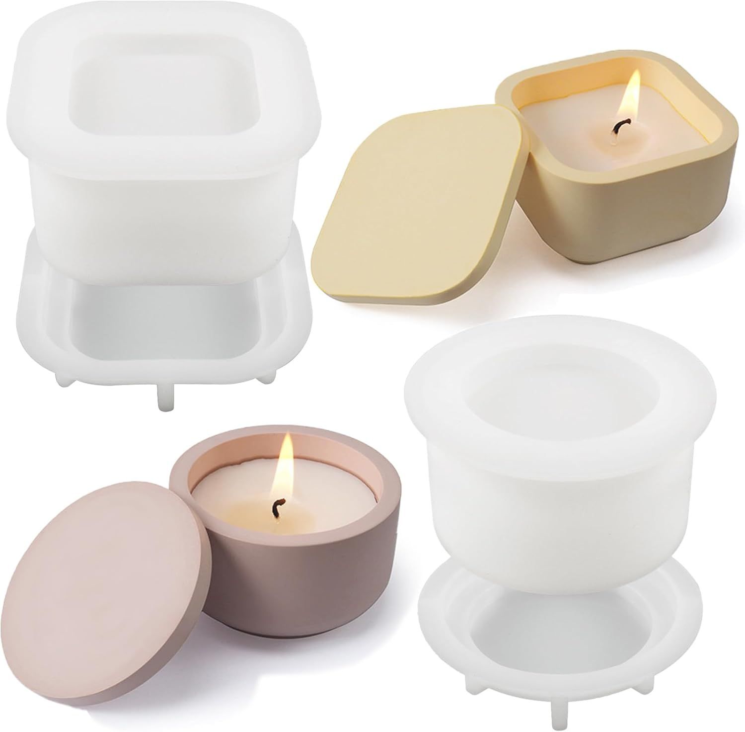 2 PCS Candle Jar Molds Silicone Concrete Mold with Lids Epoxy Resin Casting Molds for DIY Trinket Storage Container Candle Holder, Candy Jewelry Container, Craft Present Planter Making Tools - Image 1