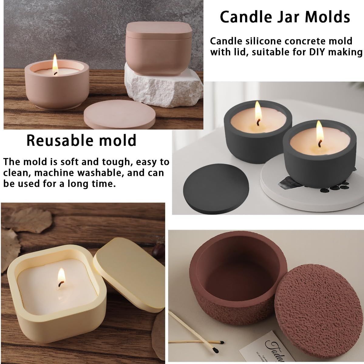 2 PCS Candle Jar Molds Silicone Concrete Mold with Lids Epoxy Resin Casting Molds for DIY Trinket Storage Container Candle Holder, Candy Jewelry Container, Craft Present Planter Making Tools - Image 4