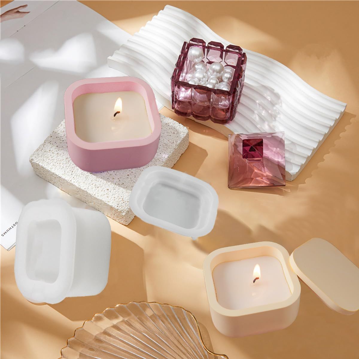 2 PCS Candle Jar Molds Silicone Concrete Mold with Lids Epoxy Resin Casting Molds for DIY Trinket Storage Container Candle Holder, Candy Jewelry Container, Craft Present Planter Making Tools - Image 5